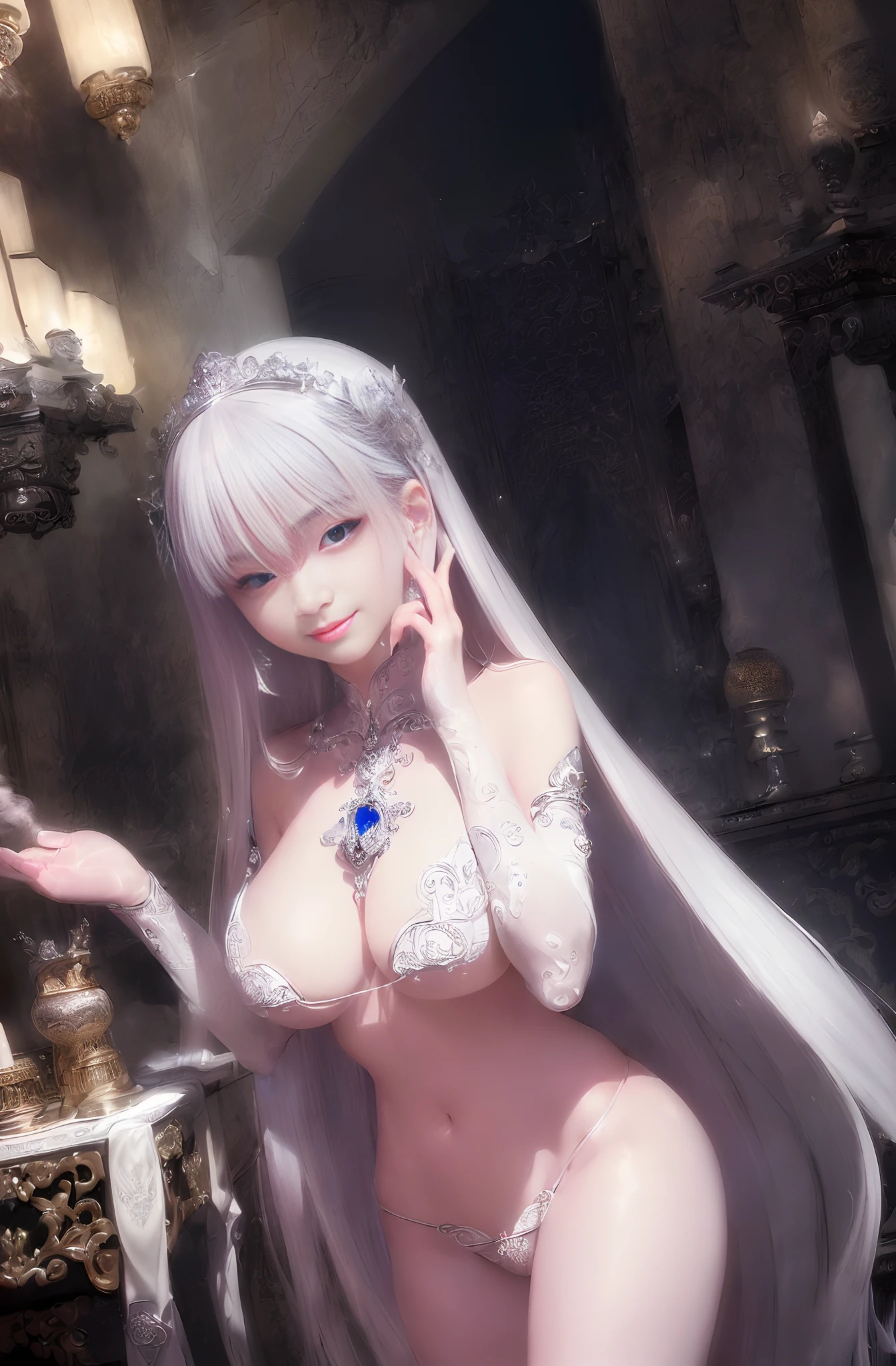 (((Ultra-Real)crafted, Masterpiece: 1.2) Vision, Multi-Scene, Masterpiece, Masterpiece, Perfect, Cute, Sexy, Erotic, Delicate, Details, Helicous, Subtle Changes, CG, Ultra-Real 8K), Masterpiece, (Perfect figure: 1.2), (Reality: 1.4), Girl 1, (Silver gold hair: 1.2), (Silver long hair: 1.25), ((Flying long hair)), (Perfect and clean facial features), Flash Bright blue eyes, (pink lips), ((big breasts)), shiny skin, ((pink skin)), cat ears, (mature beauty), tube top, ((smile)), (realistic rendering) , ((transparent white hollow lace bikini)), (temples, Taoist temples, Buddha statues, god statues, murals, lanterns, shrines, obsessed with details, meticulously crafted, ultra-detailed, interior design, archway, smoke, candlelight, candles, candles Incense, fireworks, jewels, gems, diamonds, sapphires, rubies, emeralds, pearls, amber, obsidian) ((upper body))), facing the audience, (looking at the audience), provocative pose, sexy pose, ((physical rendering) ), (real: 1.4), (8k textures), highly detailed CG Unity 8k wallpapers, intricate, high detail, dramatic, real world, fantasy places, action frames, (sharp focus, 8k), 8k textures, pastel film light, adobe lightroom, darkroom, hdr, intricate, elegant, rich detail, sharp, ((((film style))), soothing tones, attention to detail, intricate detail, super detail, low contrast, soft film, low color, exposure blending, HDR , faded, 35mm, f/1.4, ISO 64, F16, 25 sec