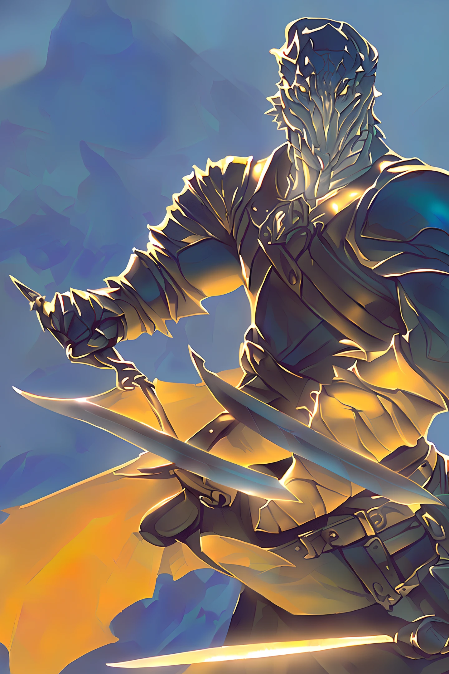 Professional digital illustration male Dragonborn Rogue, artgerm and greg rutkowski art, radiant lighting, HQ and radiation, high quality and high contrast and 8K detail full humanoid holding a short sword