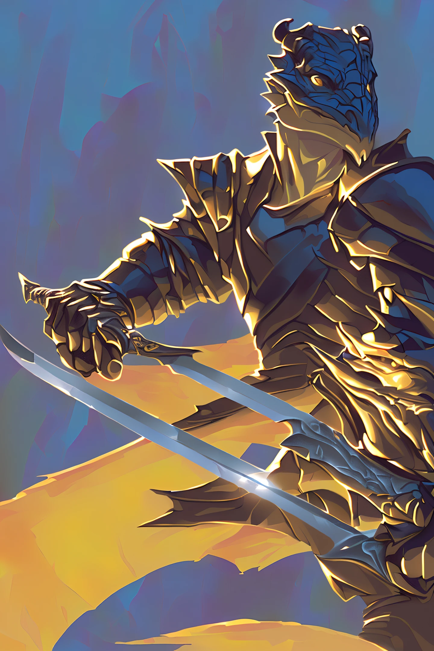 Professional digital illustration male Dragonborn Rogue, artgerm and greg rutkowski art, radiant lighting, HQ and radiation, high quality and high contrast and 8K detail full humanoid holding a short sword