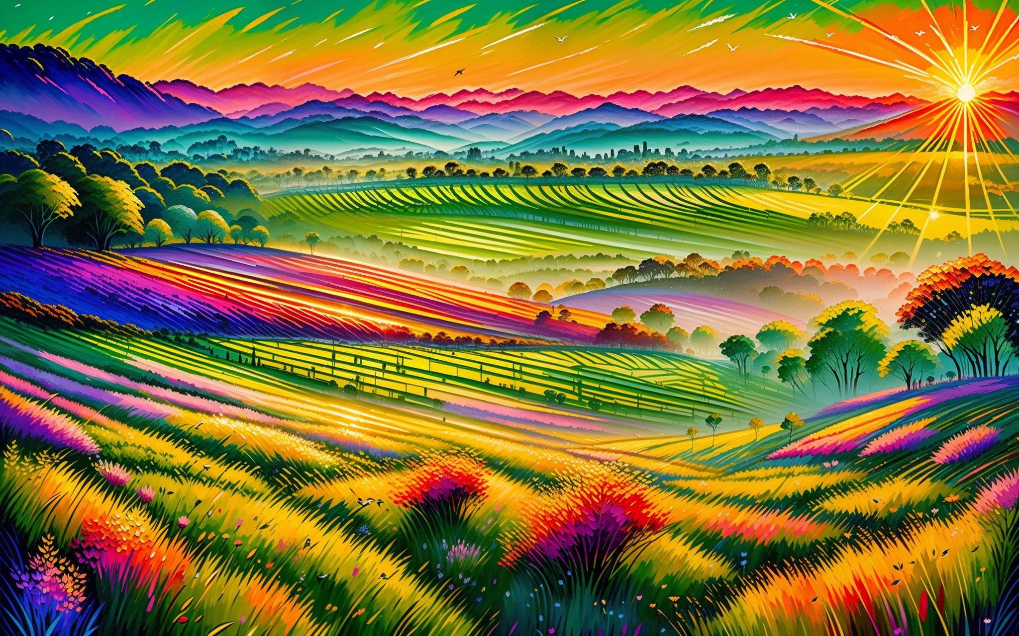 A vibrant oil painting of a comfortable and magnificent green field at sunrise, with intricate dry brush strokes, sparkling dew, colorful hues, birds, and warmth.