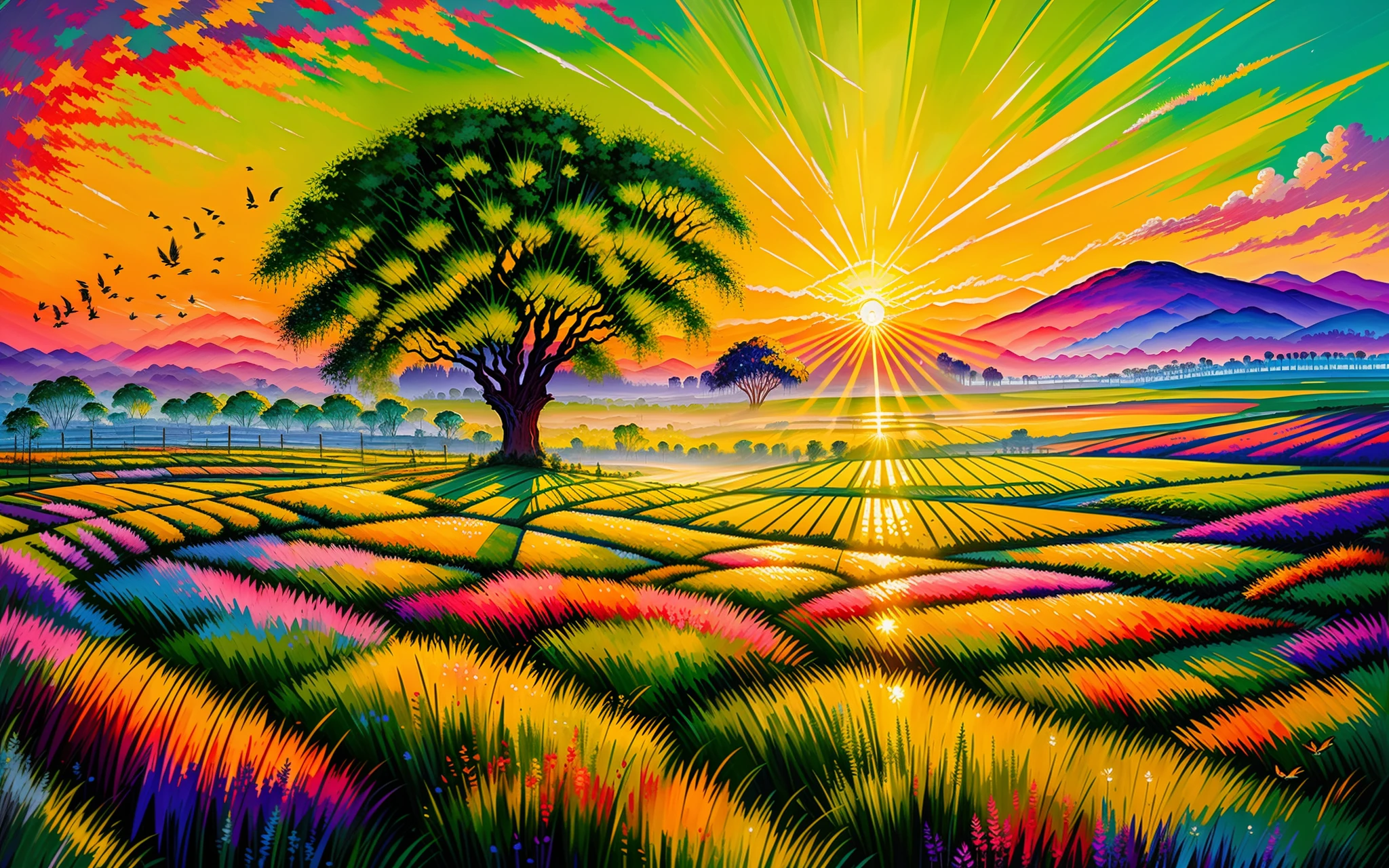 A vibrant oil painting of a comfortable and magnificent green field at sunrise, with intricate dry brush strokes, sparkling dew, colorful hues, birds, and warmth.