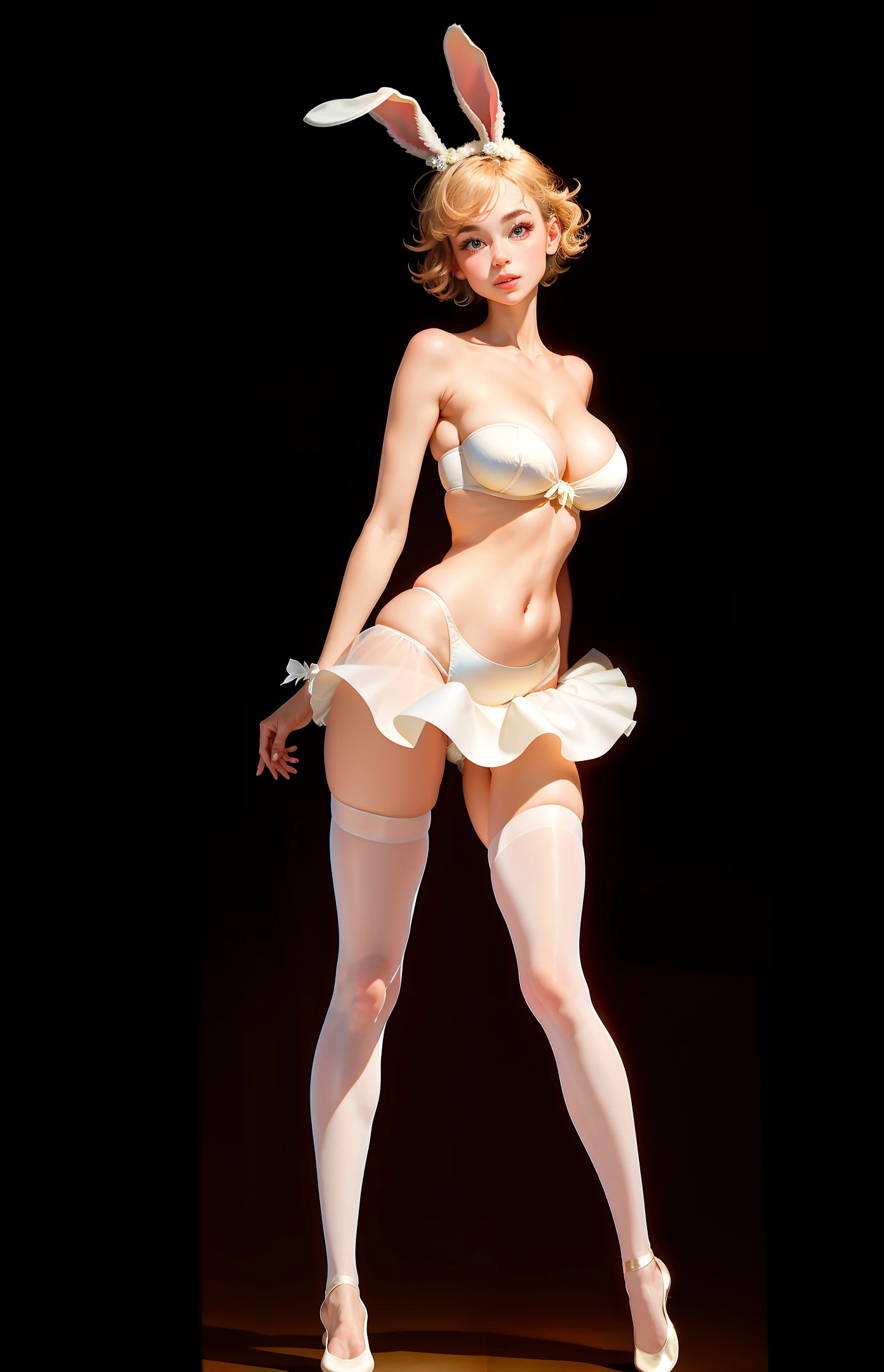 A beautiful 8K masterpiece, a charming barefoot girl with short hair, a pure white tube top, cute rabbit ears, and beautiful legs that have been exposed for days. Her no-makeup face exudes innocence and beauty, ready for your viewing pleasure. Amazing boobs, cleavage, toes detail, ballerina, one leg up, split pose, hands apart, strapless bra, sheer stockings, thigh split, dancing