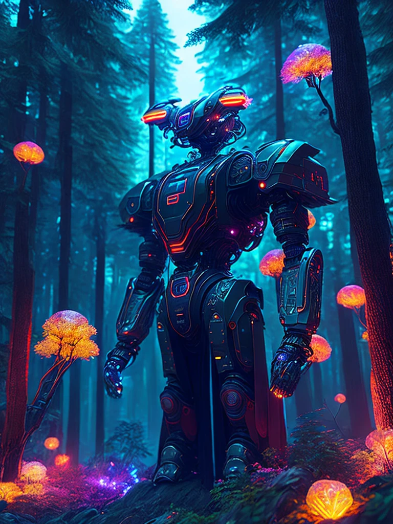 (Cyberpunk Taoist: 1.2), (Robot Arm: 1.21), Glowing Trees in the Woods, Eco Drones, Complex Backgrounds, Outdoors, Crazy Details, Intricate Details, Super Detailed Professional Photos, Bagua, Hanfu