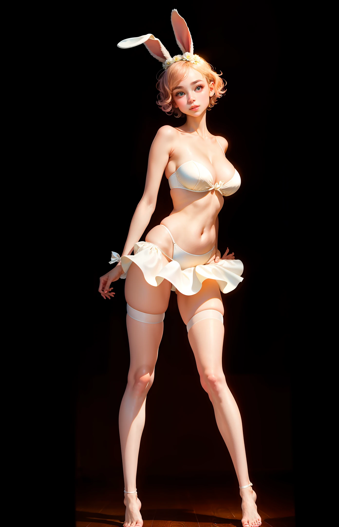 A beautiful 8K masterpiece, a charming barefoot girl with short hair, a pure white tube top, cute rabbit ears, and beautiful legs that have been exposed for days. Her no-makeup face exudes innocence and beauty, ready for your viewing pleasure. Amazing , cleav detail, leg raise, split pose, hands apart, strapless bra, thigh splits, flesh-colored feet, toes pointing