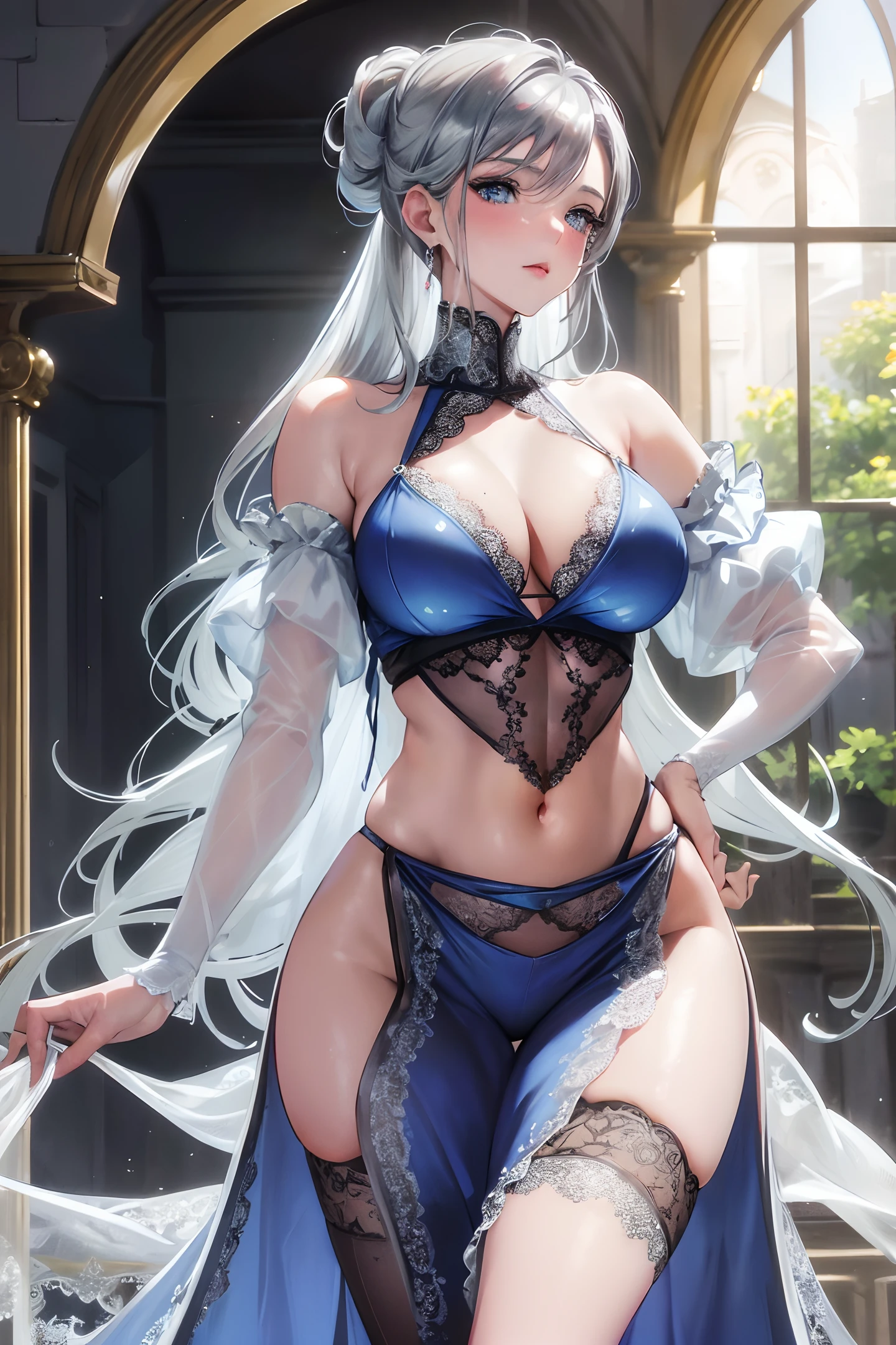 upper body, adult woman, (light smile:0.6), blue hair, (big boobs:1.2), small waist, blue eyes, sexy, thick thighs, small waist, wide hips, (big ass:1.4), (masterpiece:1.2, best quality), realistic, (real picture, intricate details, depth of field), (1girl, solo), make up, noble, (silver lace gown:1.3), (firm abs), elegant, blush, Dignified, proud, confident, Gorgeous and varied jewelry, (strong), grim and cool,