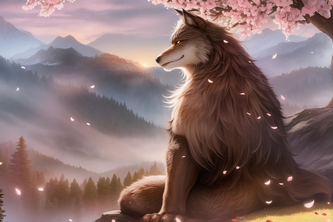(detailed and realistic werewolf),(HD),(wallpaper phone),(sitting),(mountains with abundant grass),(sakura petals falling),(peaceful and serene atmosphere),(Volumetric light):(forest background)