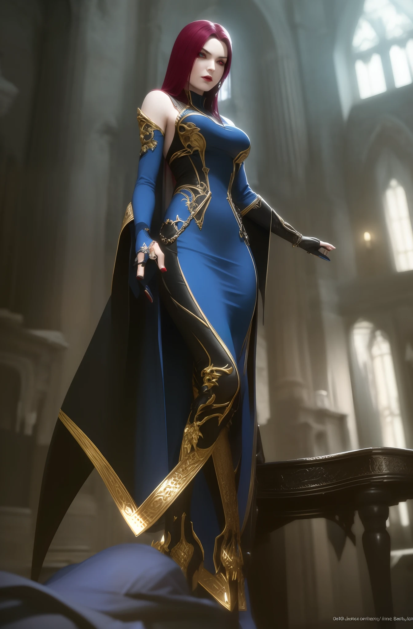 old castle, mature female vampire, glowing blue pupils, toned body, tall, crimson hair, black leotardy dress, gold bracelet, 8k, Unreal engine, highly detailed, octane render