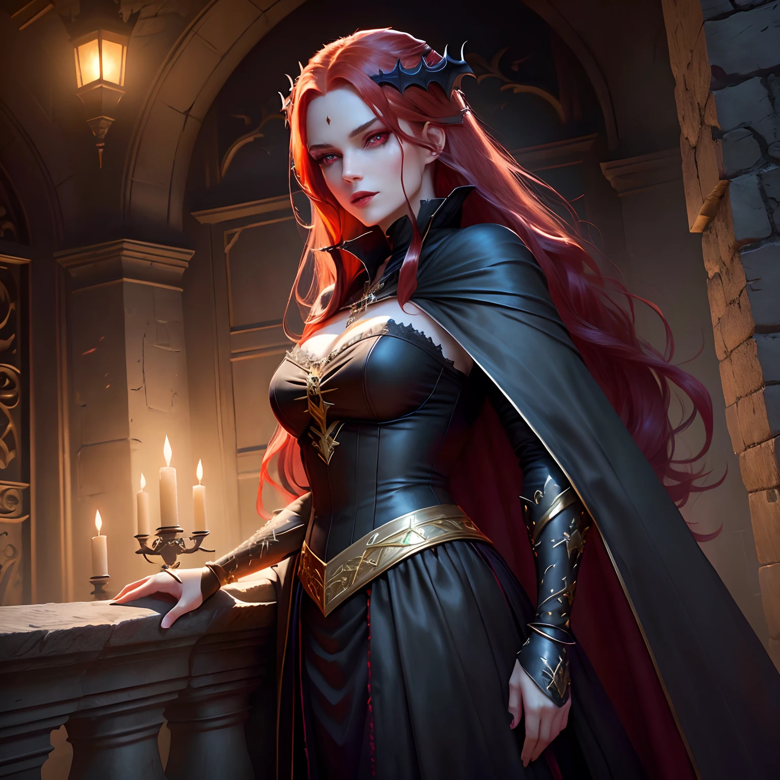 old castle, Beautiful Female Vampire, Glowing Pupils, long crimson hair, black leotardy dress, long black cape, golden bracelet, 8k, Unreal engine, highly detailed, realistic