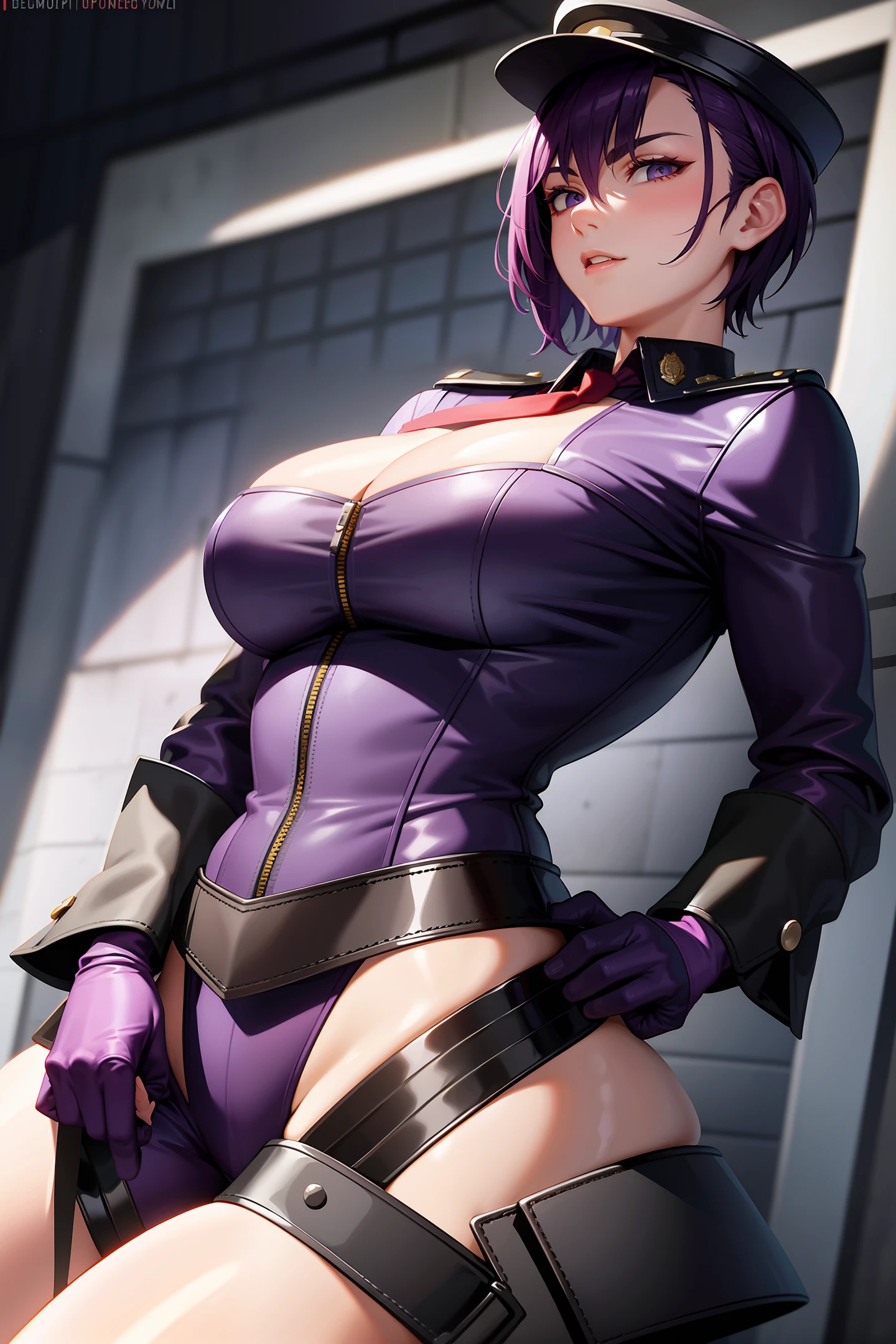 Purple short hair, plump young face, black police cap, red tie, purple low-cut jumpsuit, purple leather gloves, black leather boots, bare shoulders and thighs, a confident golden badge on the left chest, elegant demeanor is in the animation What is depicted is inside the stone prison.
