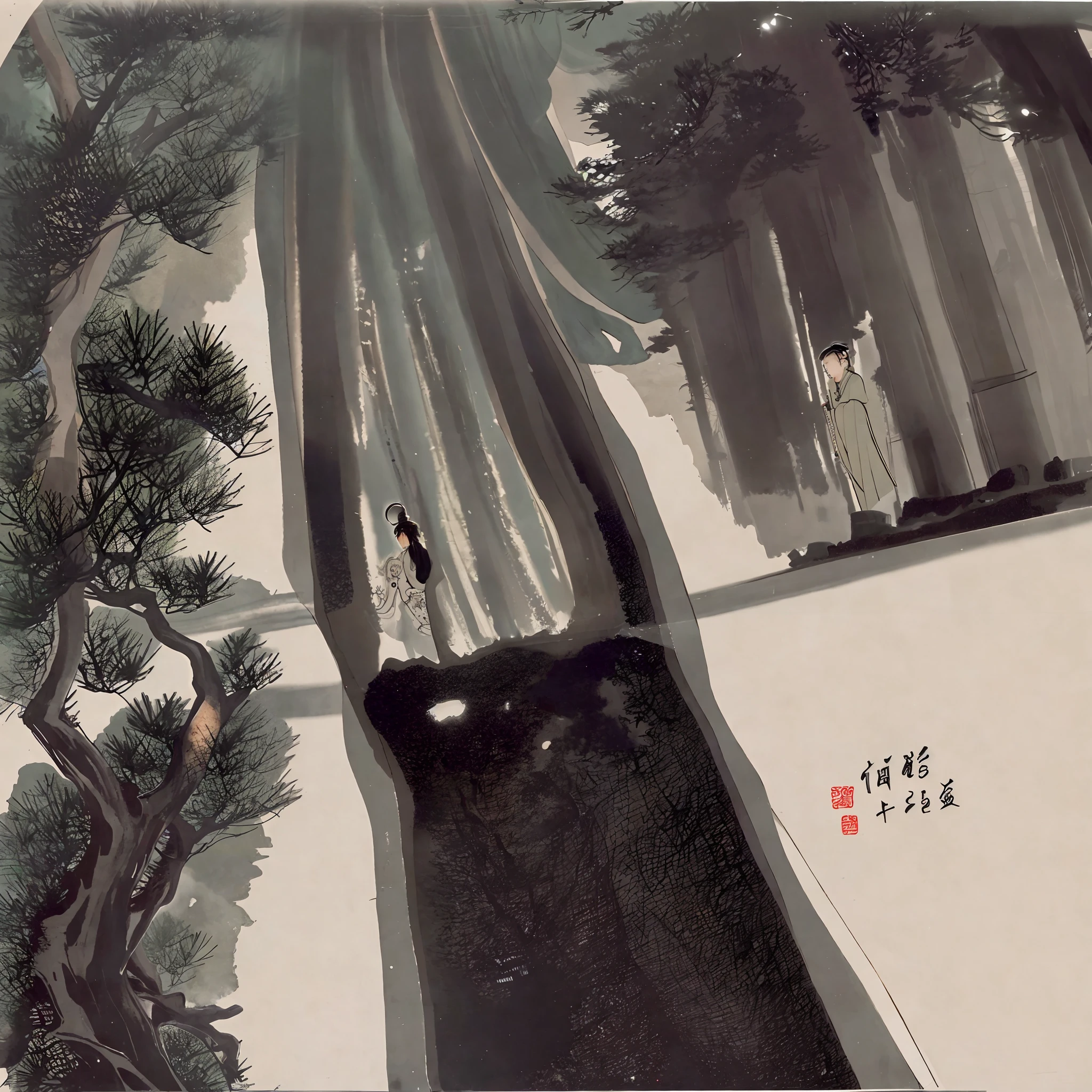 On a clear and moonlit night, his soul can often be seen walking alone under the pines and cypresses in front of the tomb, shaking his head. traditional Chinese painting