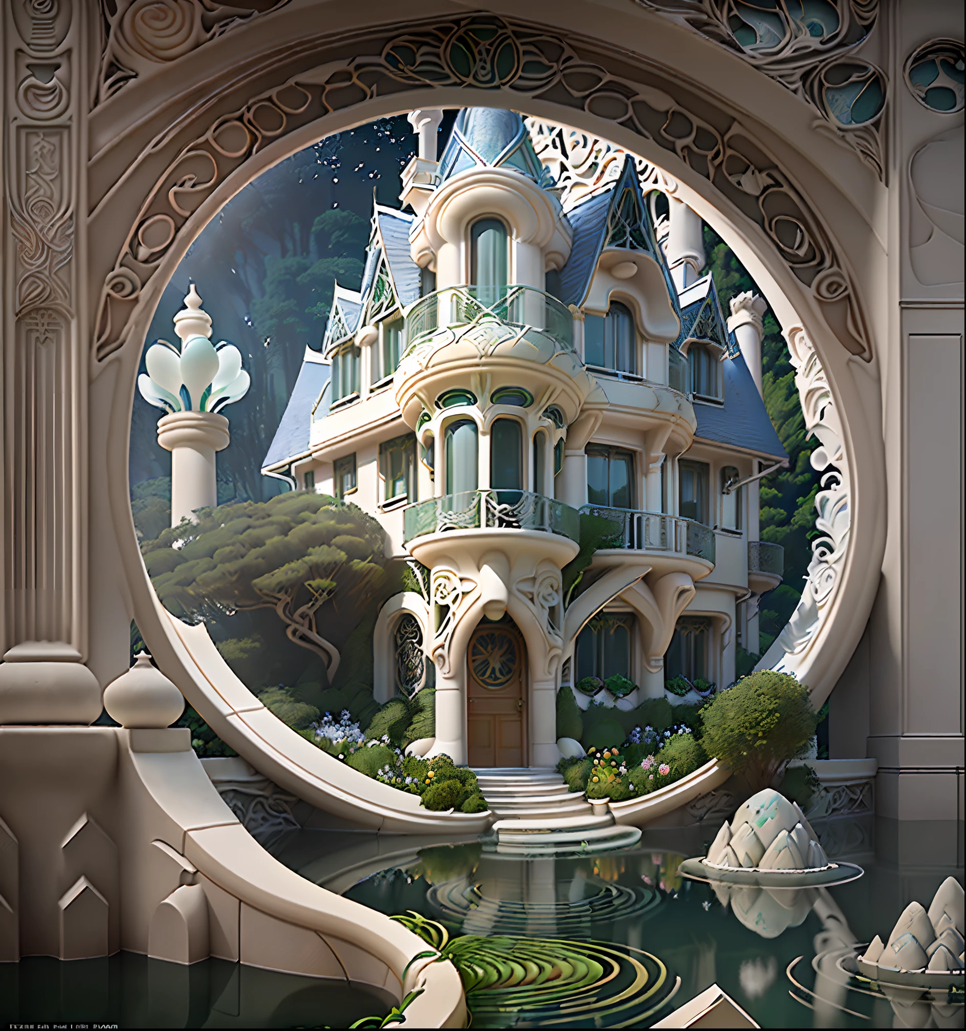 isometric view, (((art nouveau))), 3D rendering, Art Nouveau tower roof architecture, the ((raw water pipe in vegetations the white stone walls)), ((inspired by Hector Guimard, Horta, Gaudi )), super high definition, high detail, 8k, cinematic lighting, concept art, ultra high resolution, game elements