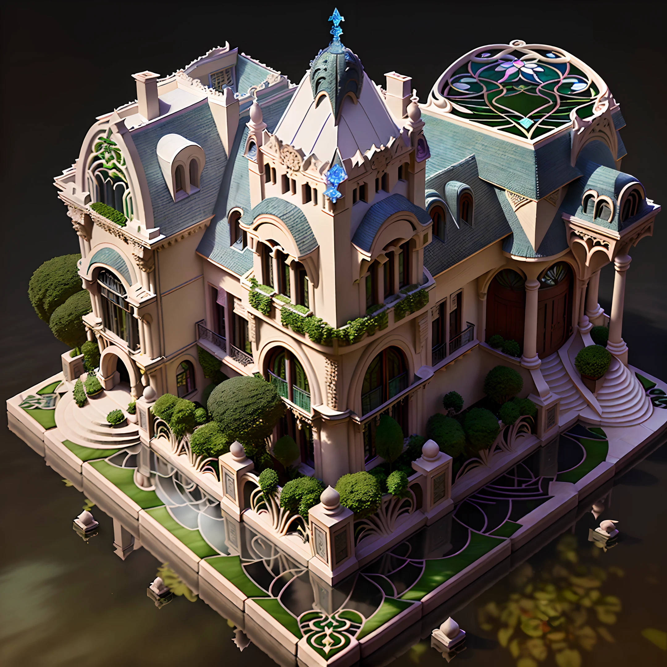 isometric view, (((art nouveau))), 3d render, mansion and garden, Art Nouveau tower roof architecture, the ((raw water pipe in the vegetations white stone walls)), ((large stained glass windows at windows)), ((slate roofs with towers)), ((inspired by Hector Guimard, Victor Horta, Gaudi )), super high definition, high detail, 8k, cinematic lighting, concept art, ultra high resolution, elements of game, outdoor