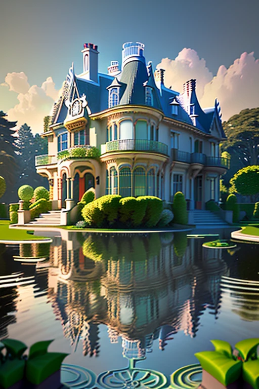 isometric view, (((art nouveau))), 3d render, mansion and garden, Art Nouveau tower roof architecture, the ((raw water pipe in the vegetations white stone walls)), ((large stained glass windows with windows)) , ((slate roofs with towers)), ((inspired by Hector Guimard, Victor Horta, Gaudi )), super high definition, high detail, 8k, cinematic lighting, concept art, ultra high resolution, game elements , exterior