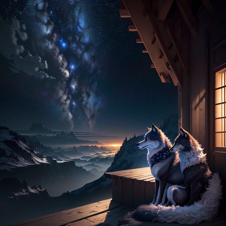 (ultra-detailed CG wallpaper,best quality, masterpiece), (mysterious, dark night with many stars, stunning view),a majestic wolf sitting on the edge with a small wolf cub beside it(huge wolf:1.3|unique fur:1.2, cute cub),HD wallpaper (phone), breathtaking scenery