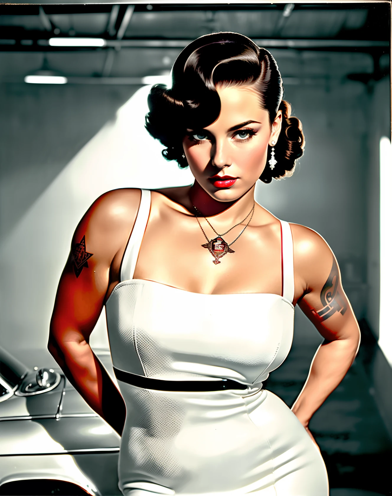 (photorealistic: 1.2), (masterpiece, side lighting, finely detailed beautiful eyes: 1.2), masterpiece*full body portrait, (Betty page), 1950s style, pin dress -up, very detailed: 1.3), (realistic and detailed face: 1.5), (light brown eyes, light white hair: 1.2), (Pompadour hairstyle: 1.3), shiny skin, (body round, medium chest, round hips, marked waist: 1.5), solo, ((shoulder and neck tattoo: 1.2)), ((leaning against a red cadillac car: 1.5)), relaxed, retro dress , white hair, 1990s 60s pinup style, garage vibe, (background inside old dark retro 1960s garage: 1.4), (soft studio lighting, shadows volumetric), JCH Street Pan, ISO 100