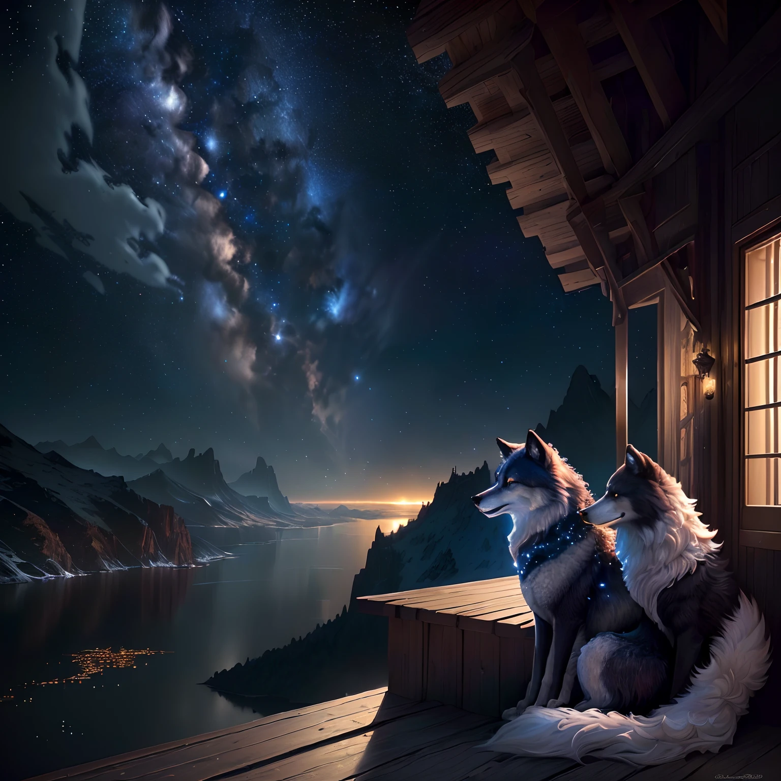 (ultra-detailed CG wallpaper,best quality, masterpiece), (mysterious, dark night with many stars, stunning view),a majestic wolf sitting on the edge with a small wolf cub beside it(huge wolf:1.3|unique fur:1.2, cute cub),HD wallpaper (phone), breathtaking scenery