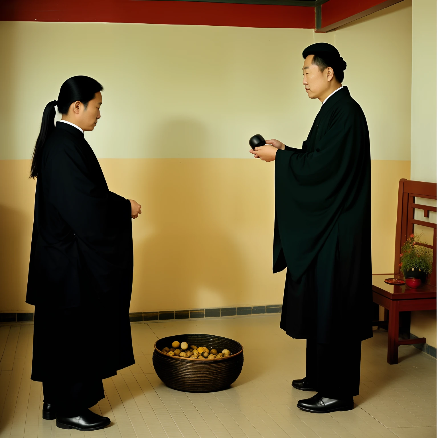 There was a Taoist priest in Urumqi who sold medicine in the street market. Some people say that this Taoist has magic powers. When people saw him staying in a hotel, they would always take out a small gourd from his bag before going to bed, pour out two black pills, and then the two girls would sleep with him, and he would disappear at dawn. When asked where the girl was, he said no. traditional Chinese painting