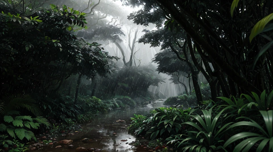 A jungle, with intense rainfall, monochromatic, vines all around, giant and wet trees, masterpiece, best quality, high quality, extremely detailed CG unity 8k wallpaper, oil paiting, award winning photography, Bokeh, Depth of Field, HDR, bloom, Chromatic Aberration ,Photorealistic,extremely detailed, trending on artstation, trending on CGsociety, Intricate, High Detail, dramatic, art by midjourney, volumetric lighting.

Image Size                      : 960x536