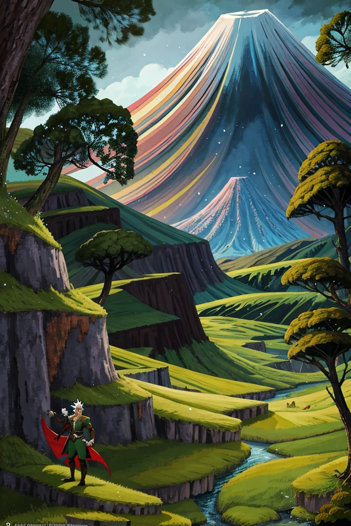 . A cartoon illustration of a man in a forest with a volcano in the background, detailed game art, detailed digital 2d fantasy art, hyper detailed game art, elf forest background, background art, rpg game background, rpg game scene, epic RPG artwork, fantasy graphic novel style, fantasy comic book style, background art, epic graphic novel wallpaper, detailed game art illustration.
