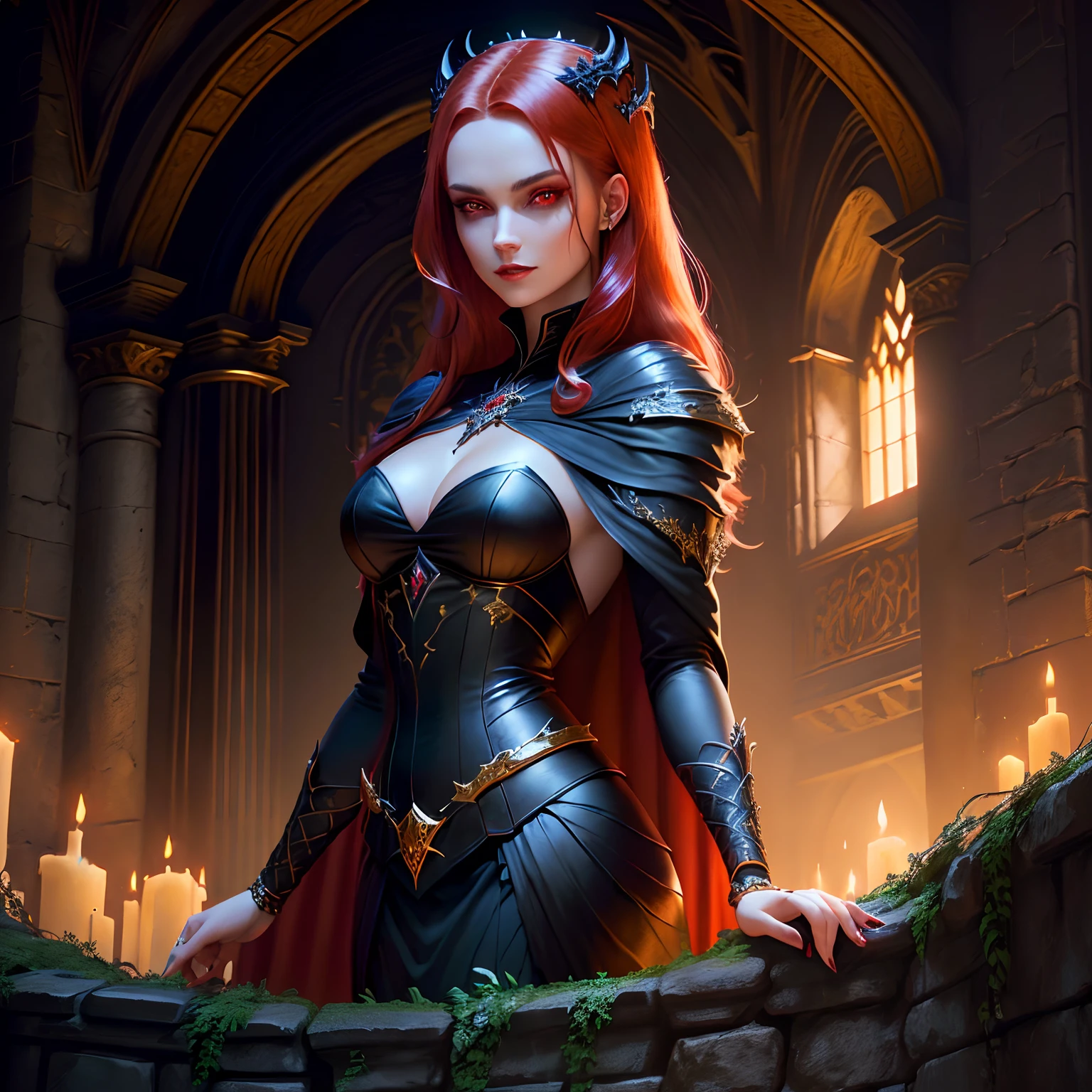 old castle, Beautiful Female Vampire, Glowing Pupils, long crimson hair, black leotardy dress, long black cape, golden bracelet, 8k, Unreal engine, highly detailed, realistic