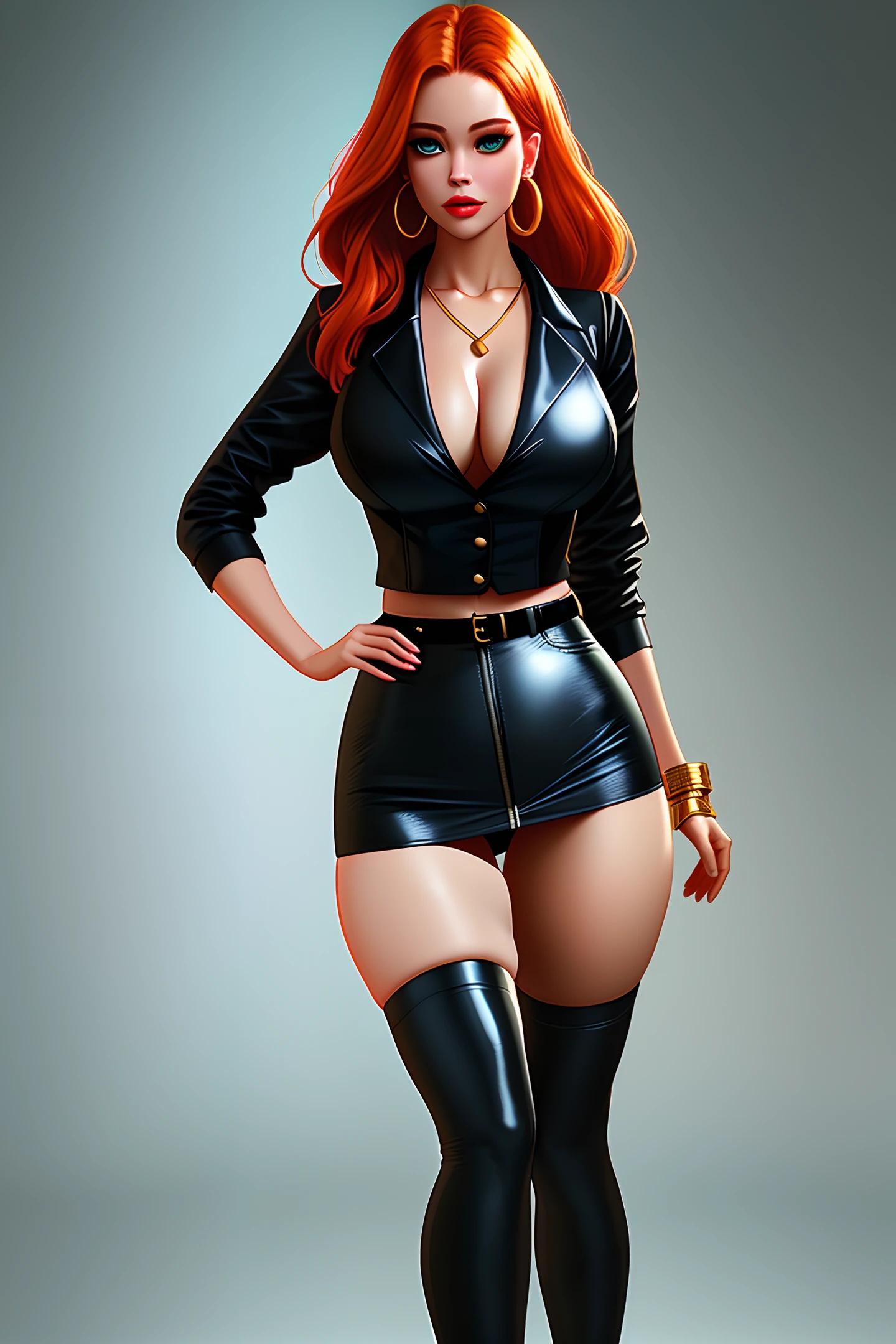 redshift style, dark theme, dark, style, sexy, glossy skin, realistic, photoshoot, professional, limited palette, high contrast, [Emma Stone|Jennifer Lawrence], 1girl, solo, :o, glowing eyes, hearts, sanpaku , green eyes, detailed eyes, half-closed eyes, left eye with intense bluish glow and right eye with intense reddish glow, very long hair, loose hair, orange hair, hoop earrings, jewelry, makeup, full body, plump cheeks, puffy cheeks , thick thighs, dynamic pose, body shot, (closeup: 1.3), knees, focus on breasts , detailed hands, intricate hands, masterpiece, best quality, HDR, point of view, highest quality, sharp focus, looking towards viewer, facing viewer, 8k, skin pores, intricate skin texture, realistic skin, asymmetrical bangs, hair flaps, button up shirt, teal shirt, serafuku, high school uniform, red cardigan, cardigan tied on waist, wide waist, knee-high boots, cloth skirt, yellow jogger, blue windows, standing, blue neon lights, dynamic shadows, dynamic lights, bokeh, lens flare, sunrays, by Jeremy Lipking, by Antonio J. Manzanedo, by Frederic Remington, by HW Hansen, by Charles Marion Russell, vampire lady clothes, black and red leather cape, matching boots and gloves made of black leather with blue and gold accents, black leather bodice with gold details. Magic sword in left hand