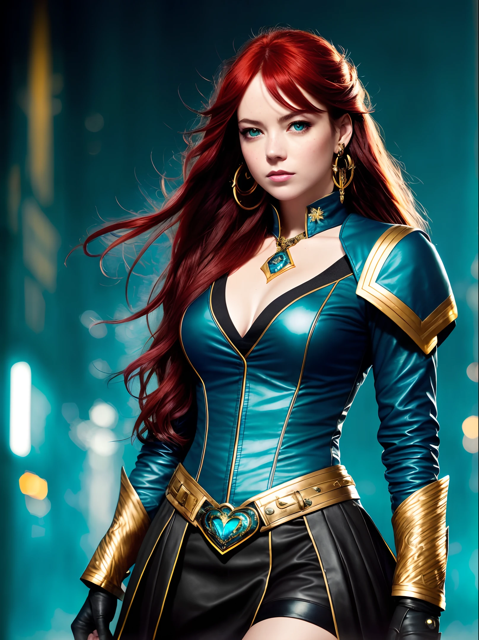 (extremely detailed 8k wallpaper), medium shot photo Intricate, High Detail, Dramatic. redshift style, dark theme, dark, style, sexy, glossy skin, realistic, photoshoot, professional, limited palette, high contrast, [Emma Stone|Jennifer Lawrence], 1girl, solo, :o, glowing eyes, hearts, sanpaku , green eyes, detailed eyes, half-closed eyes, left eye with intense bluish glow and right eye with intense reddish glow, very long hair, loose hair, red hair, hoop earrings, jewelry, makeup, full body, plump cheeks, puffy cheeks , thick thighs, dynamic pose, body shot, (closeup: 1.3), knees, focus on breasts, detailed hands, intricate hands, masterpiece, best quality, HDR, point of view, maximum quality, sharp focus, looking at viewer, facing viewer, 8k, skin pores, intricate skin texture, realistic skin, asymmetrical bangs, hair patches, button-down shirt, teal shirt, serafuku, school uniform, red cardigan, cardigan tied in waist, wide waist, knee-high boots, cloth skirt, yellow jogger, blue windows, standing, blue neon lights, dynamic shadows, dynamic lights, bokeh, lens flare, sunrays, by Jeremy Lipking, by Antonio J. Manzanedo, by Frederic Remington, by HW Hansen, by Charles Marion Russell, vampire lady outfit, black and red leather cape, matching black leather boots and gloves with blue and gold accents, black leather bodice with gold accents. Magic sword in left hand