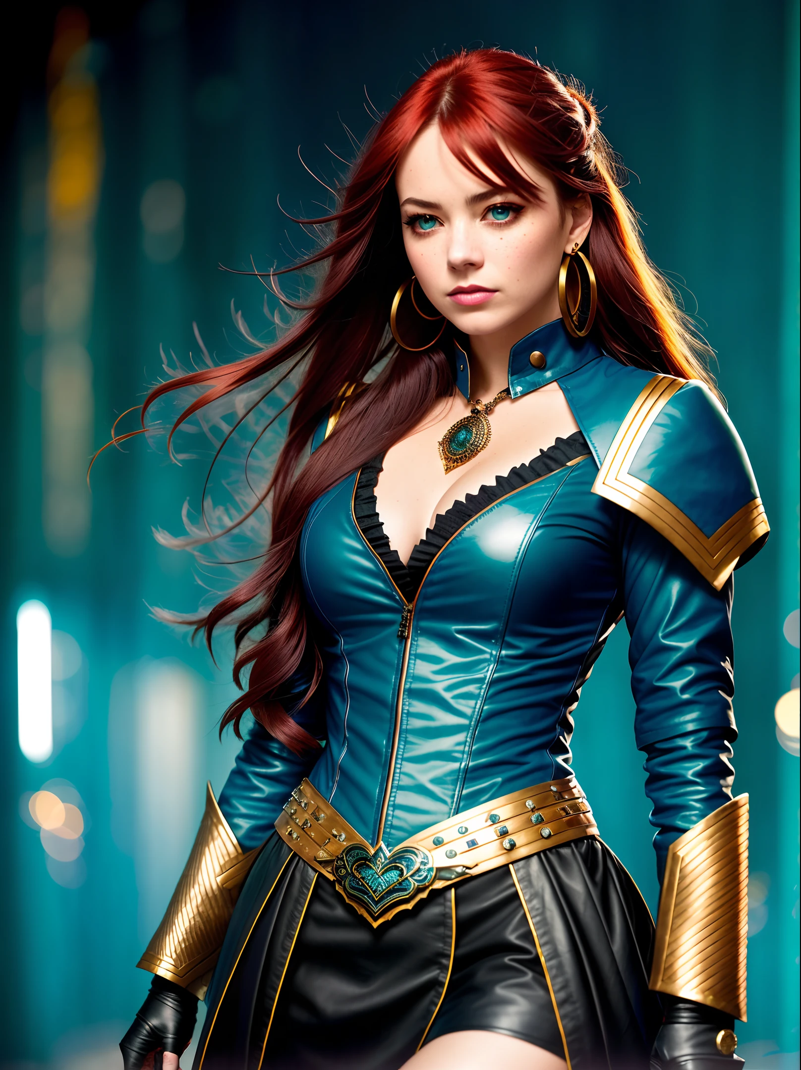 (extremely detailed 8k wallpaper), medium shot photo Intricate, high detail, dramatic, dark theme, dark, style, sexy, glowing skin, realistic, photoshoot, professional, limited palette, high contrast, [Emma Stone| Jennifer Lawrence], 1girl, solo, :o, glowing eyes, hearts, sanpaku, green eyes, detailed eyes, half-closed eyes, left eye with intense blue glow and right eye with intense red glow, very long hair, loose hair, red hair , hoop earrings, jewelry, makeup, full body, plump cheeks, puffy cheeks, thick thighs, dynamic pose, body shot, (closeup: 1.3), knees, focus on breasts, detailed hands, intricate hands, masterpiece, best quality, HDR, point of view, maximum quality, sharp focus, looking at viewer, facing viewer, 8k, skin pores, intricate skin texture, realistic skin, asymmetrical bangs, hair spots, button shirt , teal shirt, serafuku, school uniform, red cardigan, cardigan tied around the waist, wide waist, knee-high boots, cloth skirt, yellow hallway, blue windows, standing, blue neon lights, dynamic shadows, dynamic lights, bokeh, lens flare, sunbeams, by Jeremy Lipking, by Antonio J. Manzanedo, by Frederic Remington, by HW Hansen, by Charles Marion Russell, vampire lady outfit, black and red leather cape, matching leather boots and gloves black leather with blue and gold accents, black leather bodice with gold accents. Magic sword in left hand
