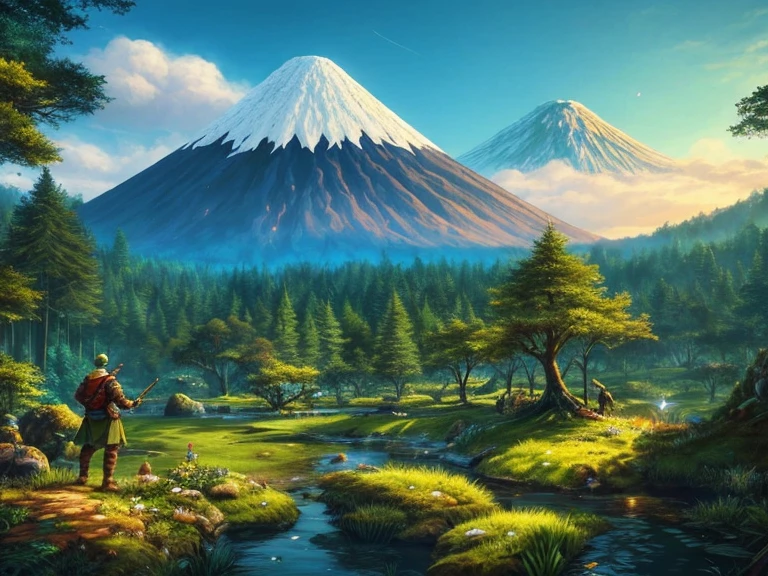 Cartoon illustration of a man in a forest with a volcano in the background, detailed game art, detailed digital 2d fantasy art, super detailed game art, elf forest background, background art, rpg game background, rpg game scene, epic rpg artwork , fantasy graphic novel style, fantasy comic book style, background art, epic graphic novel wallpapers, detailed game art illustrations.