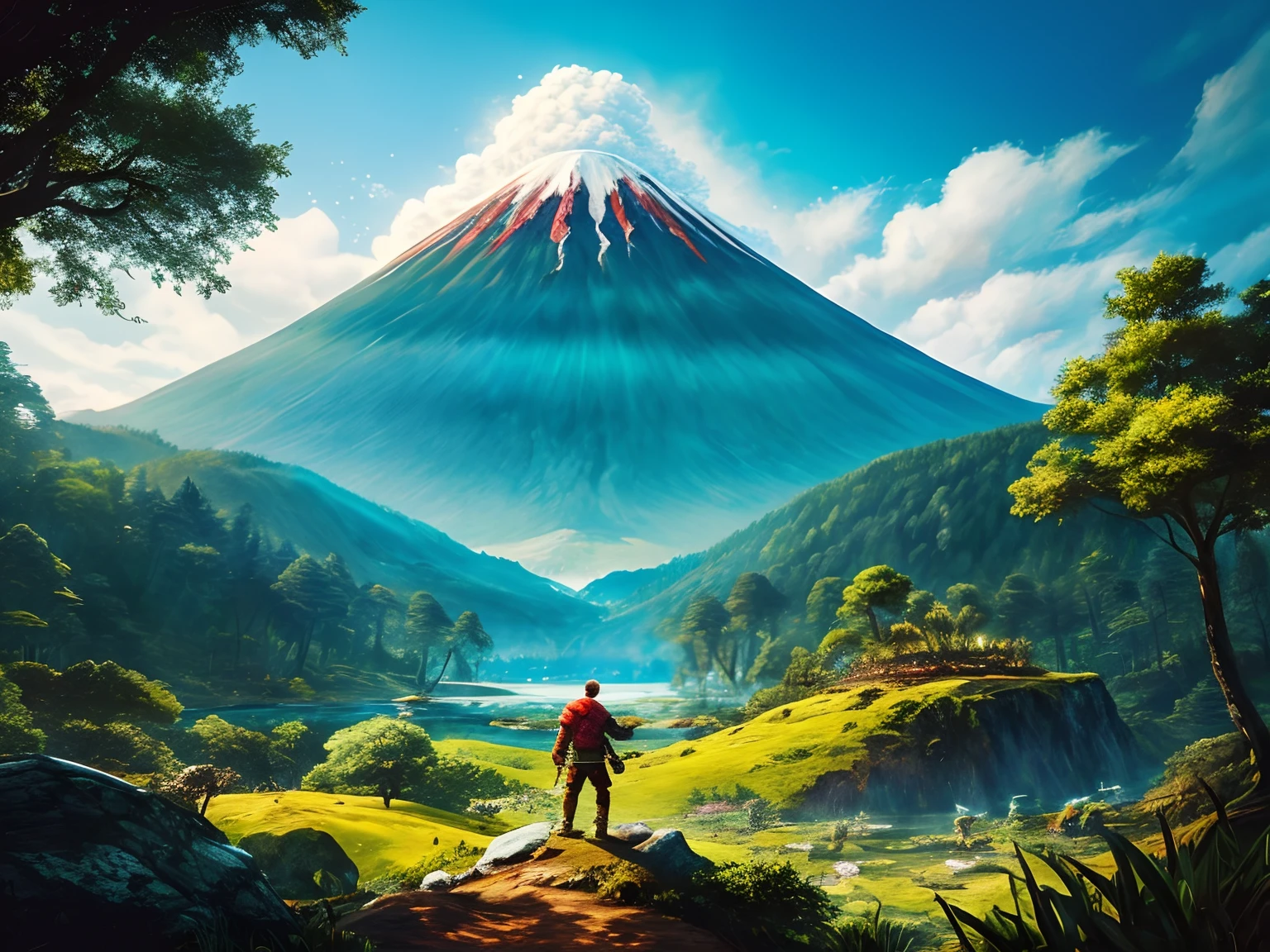 Cartoon illustration of a man in a forest with a volcano in the background, detailed game art, detailed digital 2d fantasy art, super detailed game art, elf forest background, background art, rpg game background, rpg game scene, epic rpg artwork , fantasy graphic novel style, fantasy comic book style, background art, epic graphic novel wallpapers, detailed game art illustrations, dragons in the sky.