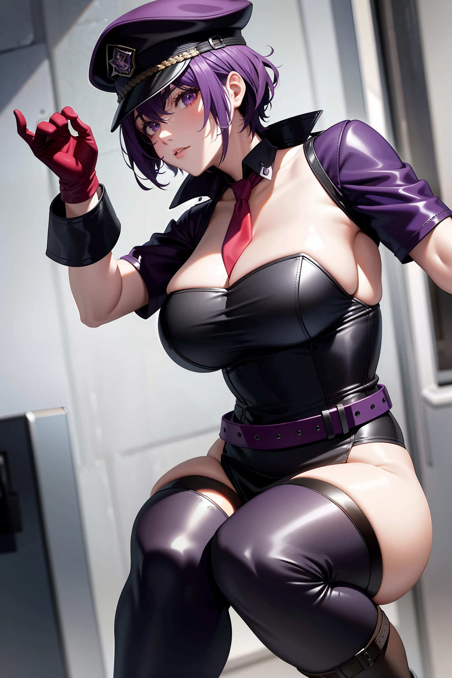 Short purple hair, plump youthful face, black police cap, red tie, purple tight low-cut dress, purple leather gloves, black leather boots, strapless thighs, anime style, stone prison.