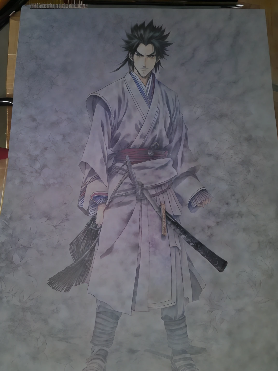 Male sketches, anime sketches inspired by manga, pixiv contest winner, Takehiko Inoue, samurai, martial arts, colorful anime style characters, anime shadows), anime, coloring, concept art! ! Wearing an old-style samurai uniform, his long hair flutters in the wind.