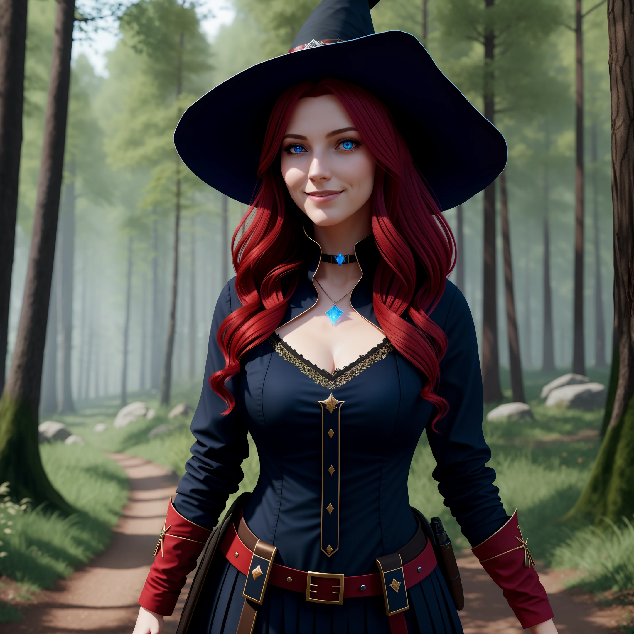 beautiful female witch woman, adult, Crimson Hair, glowing blue eyes, high detailed, 8k, forest background, smile, unreal engine