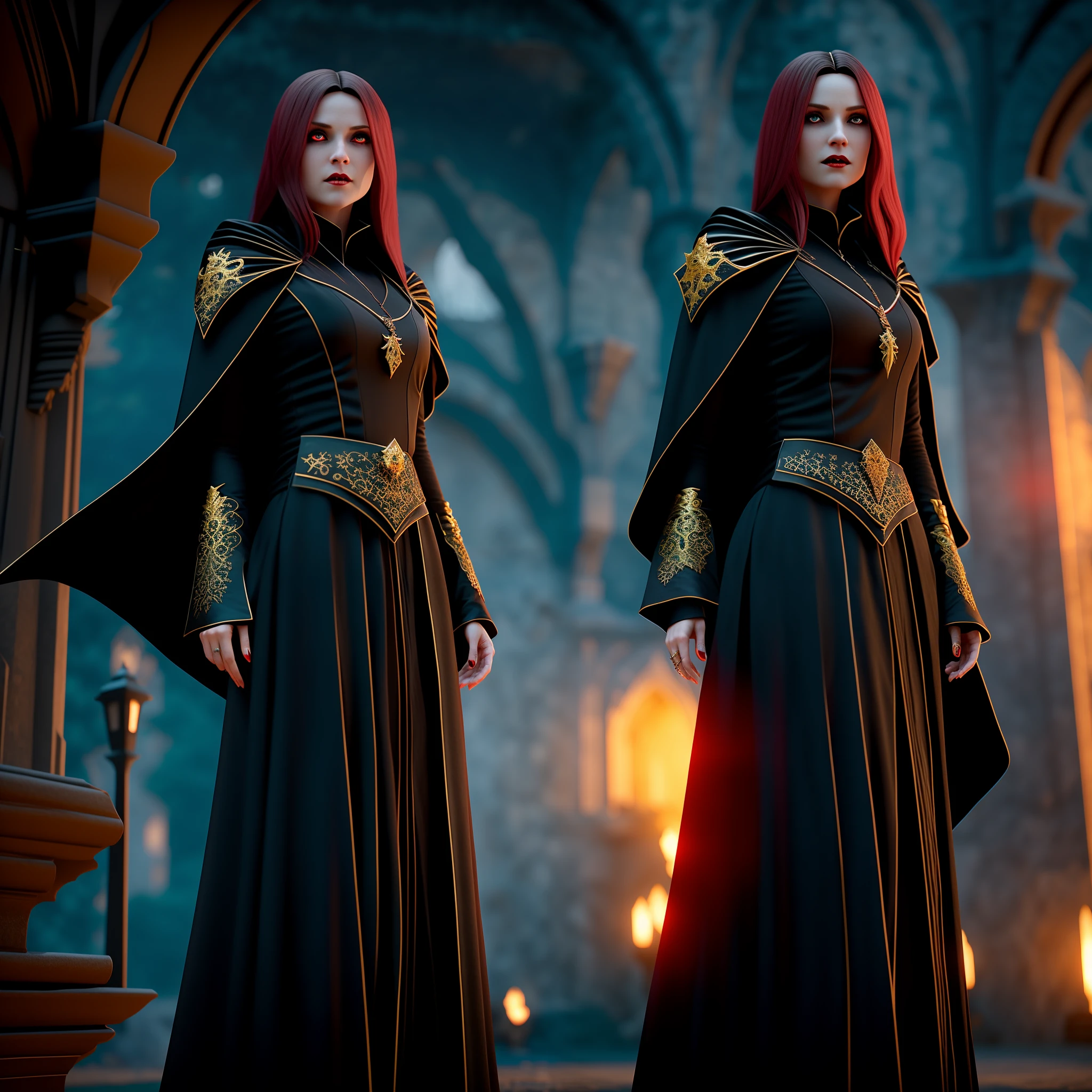 old castle, Beautiful Female Vampire, Glowing Pupils, long crimson hair, black leotardy dress, long black cape, golden bracelet, 8k, Unreal engine, highly detailed, realistic