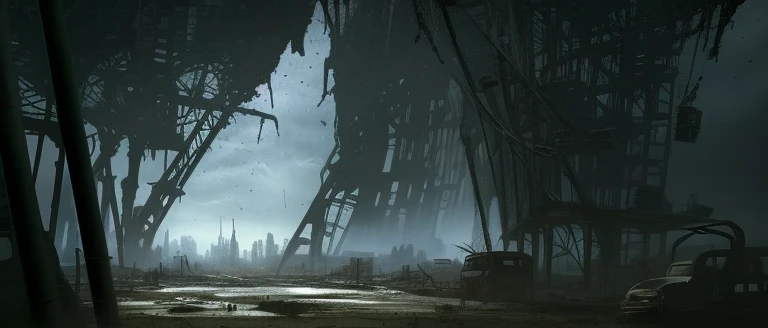 There is a picture of a city in the middle of a field, apocalyptic cityscape, dystopian sci-fi apocalypse, destroyed city, destroyed city in the background, apocalyptic city, destroyed cityscape, dark city ruins, dystopian landscape, Dystopian alien landscape, dystopian wasteland, apocalyptic city, post apocalyptic city, dystopian city, dystopian landscape, apocalyptic landscape.