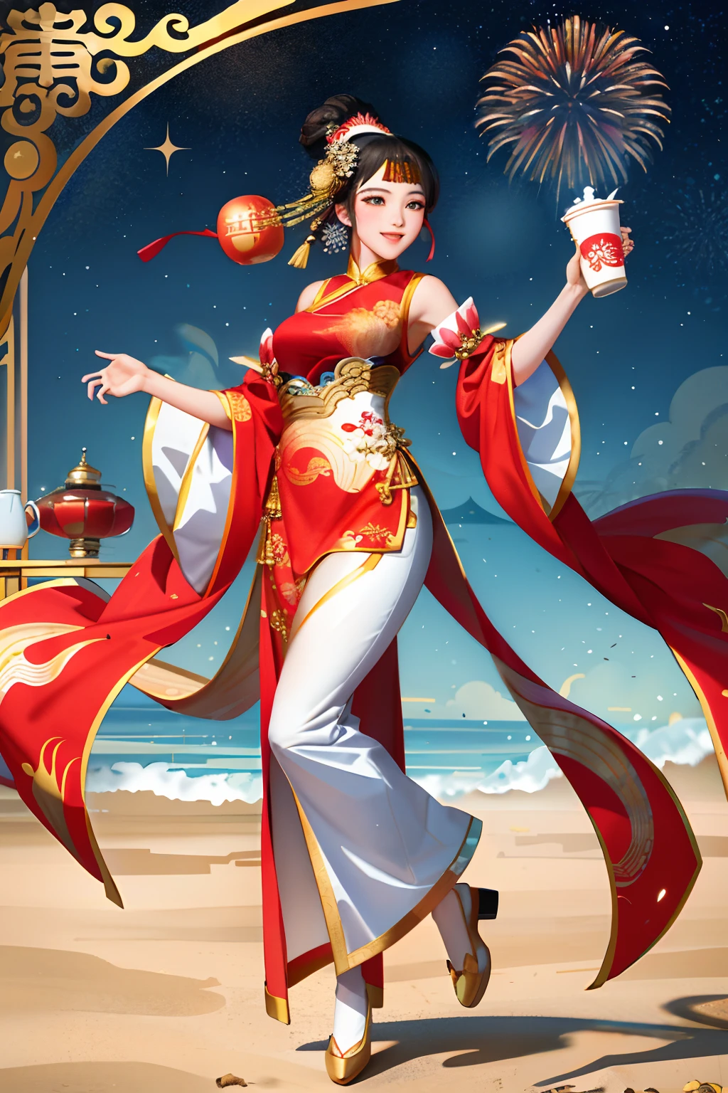 "A dynamic pose of a girl in theatrical costume (Beijing opera: 1.2) (Chinese opera: 1.2), holding a cup of milk tea (milk tea: 1.2), standing beside a beach (beach: 1.2), with fireworks in the night sky as the background. Full body, beautiful detailed face."