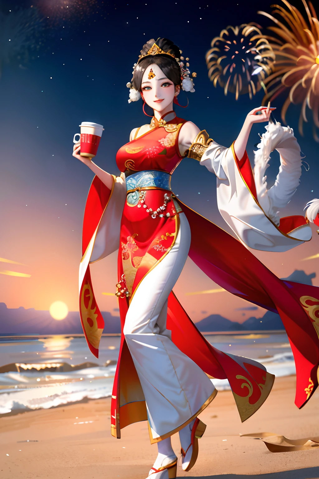 "A dynamic pose of a girl in theatrical costume (Beijing opera: 1.2) (Chinese opera: 1.2), holding a cup of milk tea (milk tea: 1.2), standing beside a beach (beach: 1.2), with fireworks in the night sky as the background. Full body, beautiful detailed face."