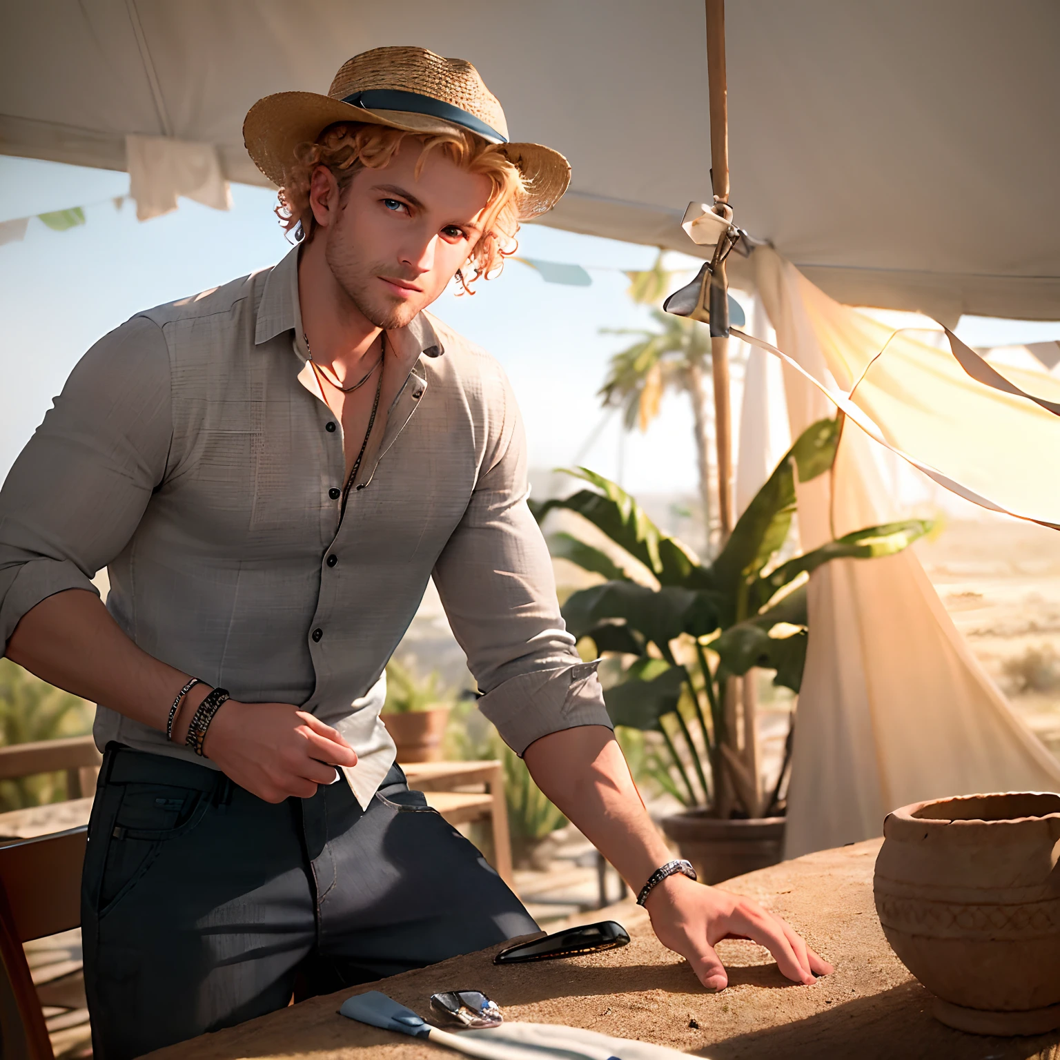 Filtered light, under tent canopy, in desert, at sunset, a muscular 25-year old male, glowing blue eyes, short blonde curly hair, grey skin, wearing tan cargo pocket pants, white shirt, brown vest, Panama hat, leather jewelry, sits at a battered wood, cluttered table examining at ancient broken pottery, archeological dig environment, 8k, Unreal engine, highly detailed, octane render, photorealistic, sunglasses in shirt pocket, dim light