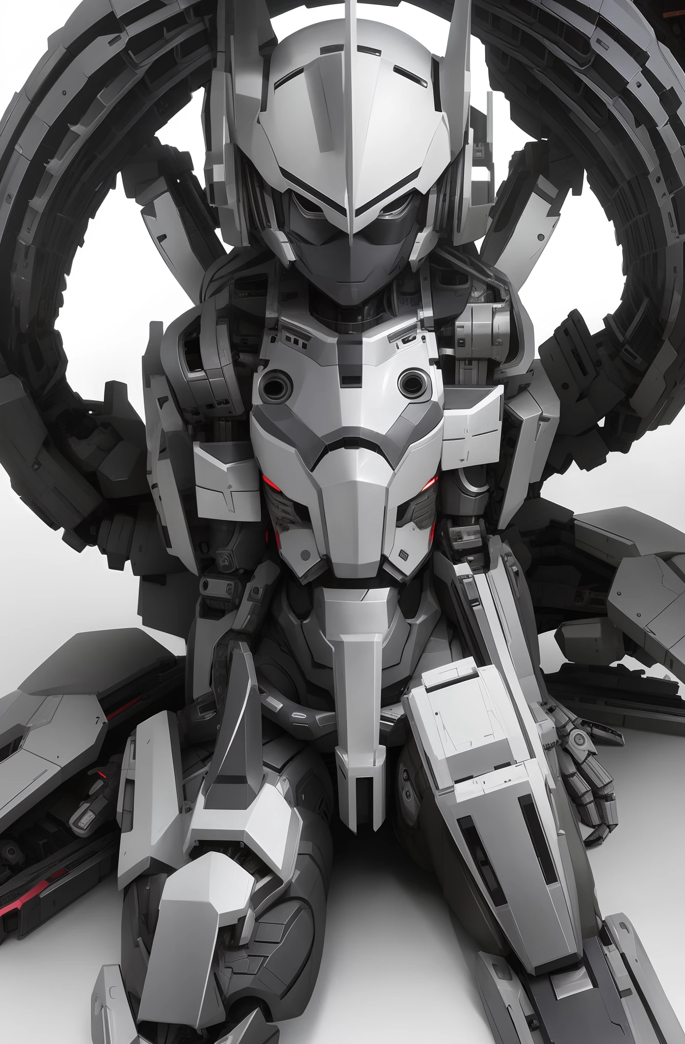 solo, 1girl, sitting, mecha girl, mechanical parts, robot joints, headgear, angry