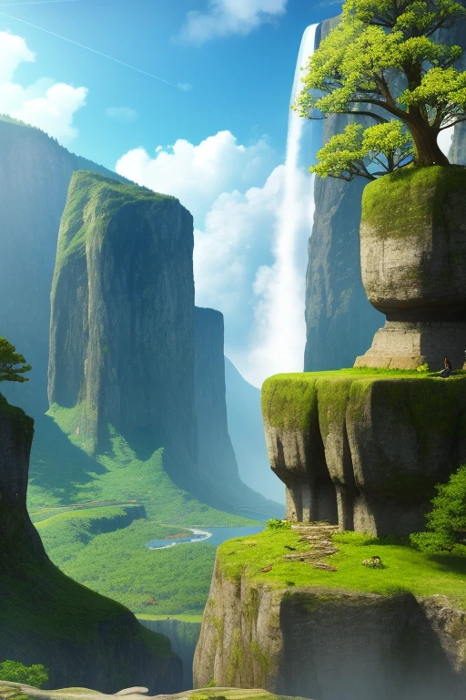 (extremely detailed CG unity 8k wallpaper,masterpiece, best quality, ultra-detailed),(best illumination, best shadow, an extremely delicate and beautiful), a serene yet dramatic scene,

[(teen girl)|(young violinist), slim black dress, brown hair gathered over one shoulder, playing the violin, sitting in a wooden chair, dynamic pose:0.9, dynamic angle:0.8],

[(small island)|(rock), in front of a tall, majestic waterfall, lush green forest, mist, blue sky: 0.9, depth of field:0.8]