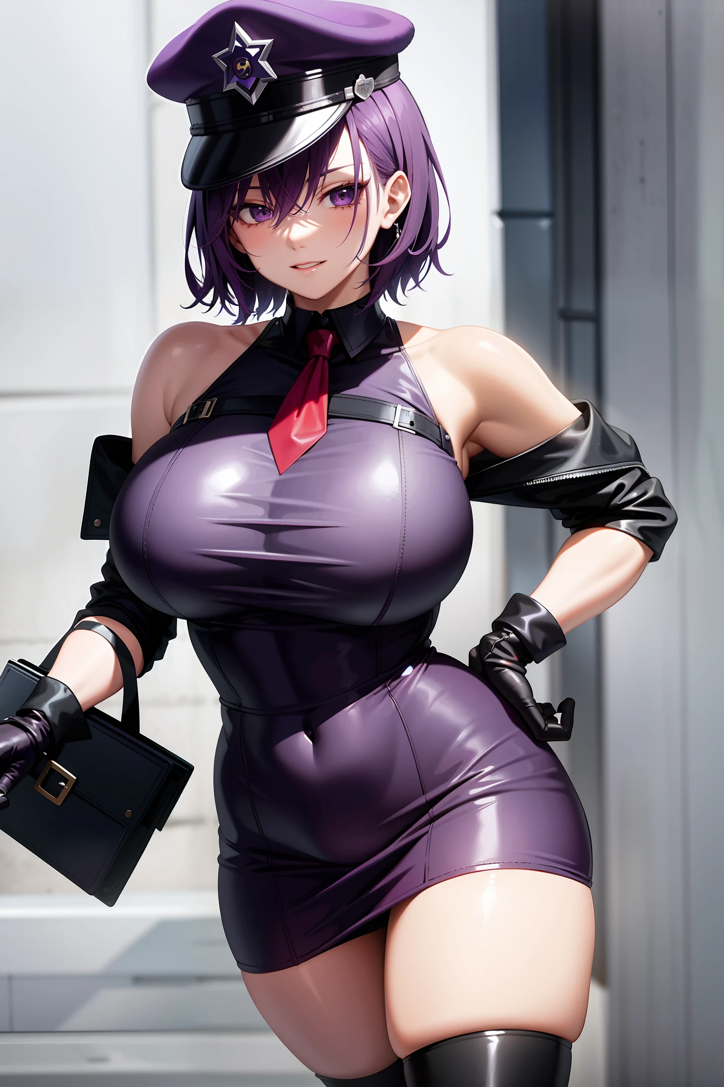 Short purple hair, plump youthful face, black police cap, red tie, purple tight low-cut dress, purple leather gloves, black leather boots, strapless thighs, big breasts, anime style, stone prison.