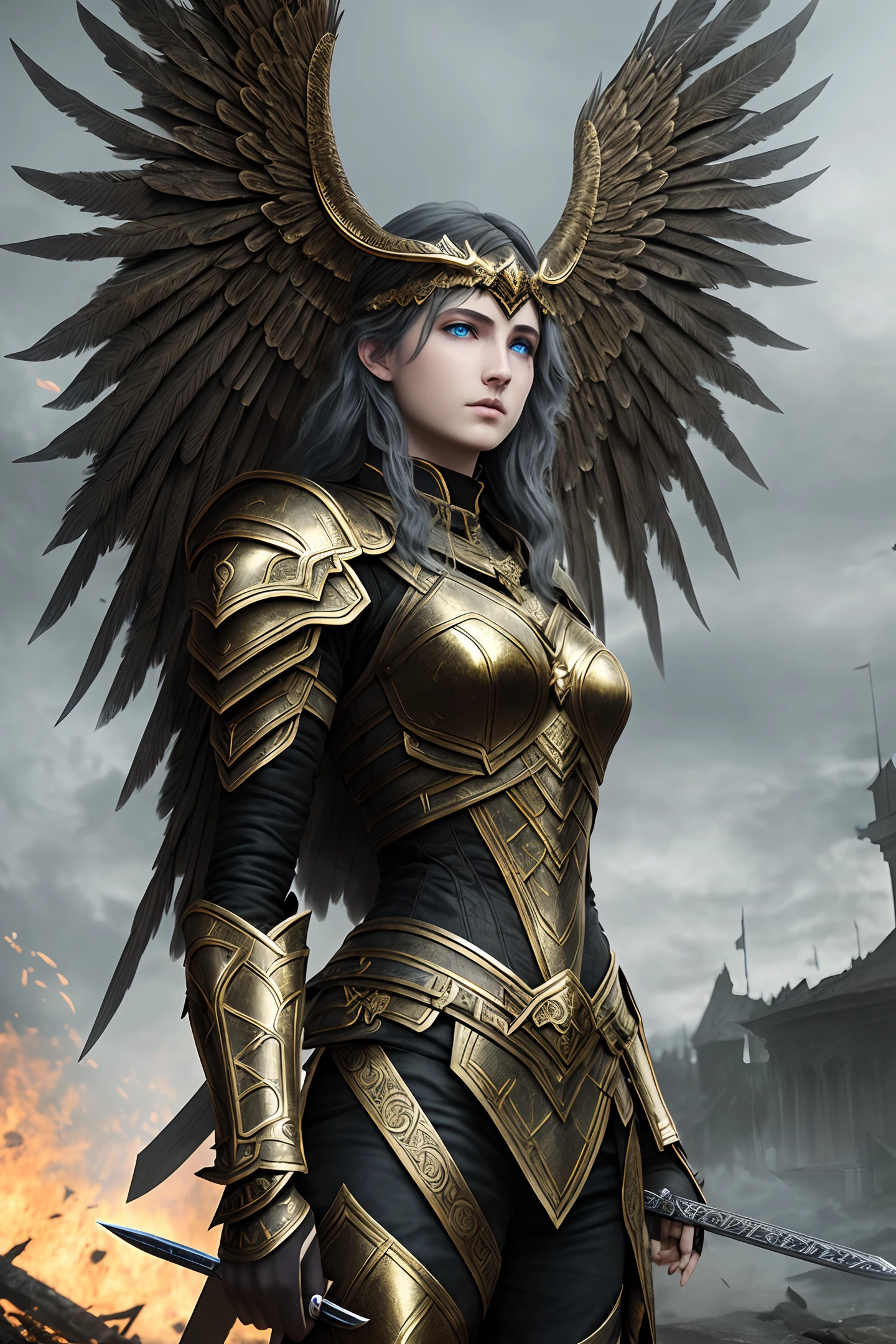 Dark fantasy, beautiful [female|male] valkyries, sword in hand, light halo, caucasian, beautiful features, intricate details, light blue eyes, high-quality, HDR, hyperrealistic, hyperdetailed, unreal engine, dangerous, black and gold armor style cloth, standing in middle of battlefield, big black wings, feathers, front right side view, ghostly figures in the background, creepy atmosphere HDR, hyperrealictic, ((intricate details)), ((intricate details, hyperdetailed)), cinematic, volumetric lighting, Photorealistic