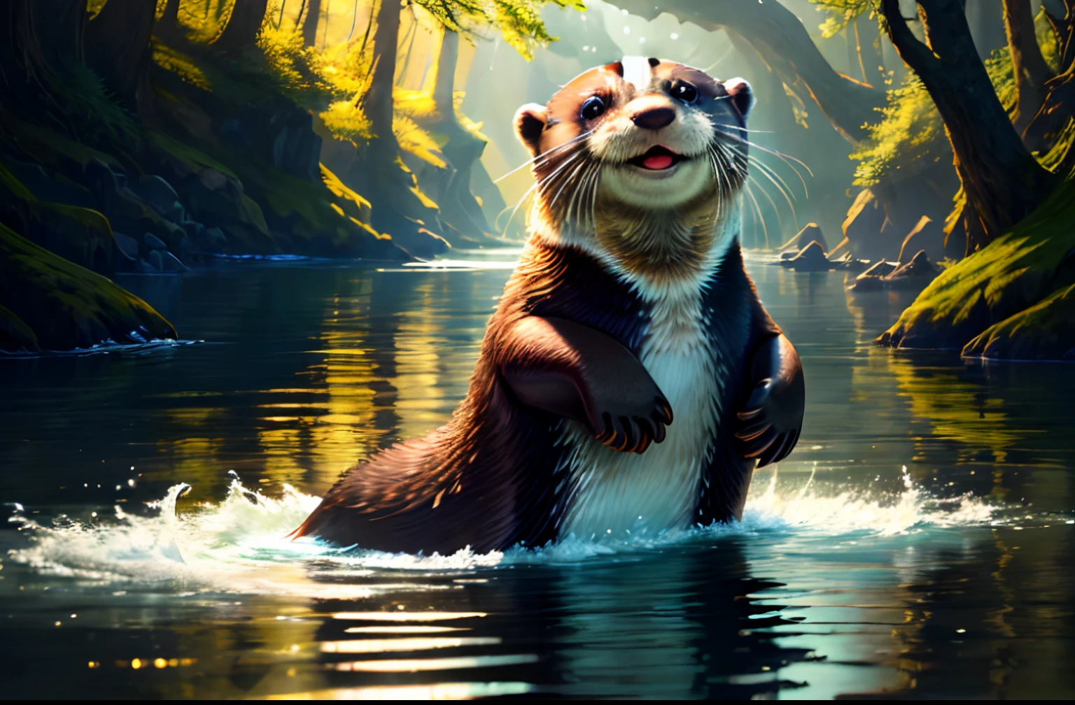 Beautiful, masterpiece, highres, 1otter holding its tail in front of it's face smiling, floating on his back on a beautiful river, surrounded by nature, volumetric lighting, hdr, realistic