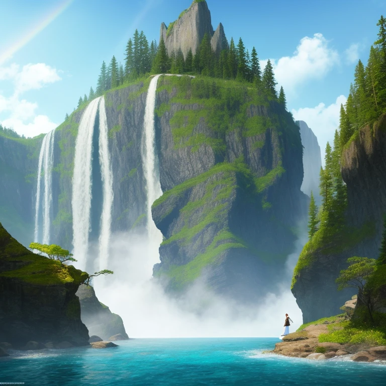 (extremely detailed CG unity 8k wallpaper,masterpiece, best quality, ultra-detailed),(best illumination, best shadow, an extremely delicate and beautiful), a serene yet dramatic scene,

Long shot centered on [(teen girl)|(young violinist), slim black dress, eyes closed, brown hair gathered over right shoulder, playing the violin, sitting in a wooden chair, dynamic pose:0.9, dynamic angle:0.8],

[(small island)|(rock), in front of a tall, majestic waterfall, lush green forest, mist, blue sky: 0.9, depth of field:0.8]