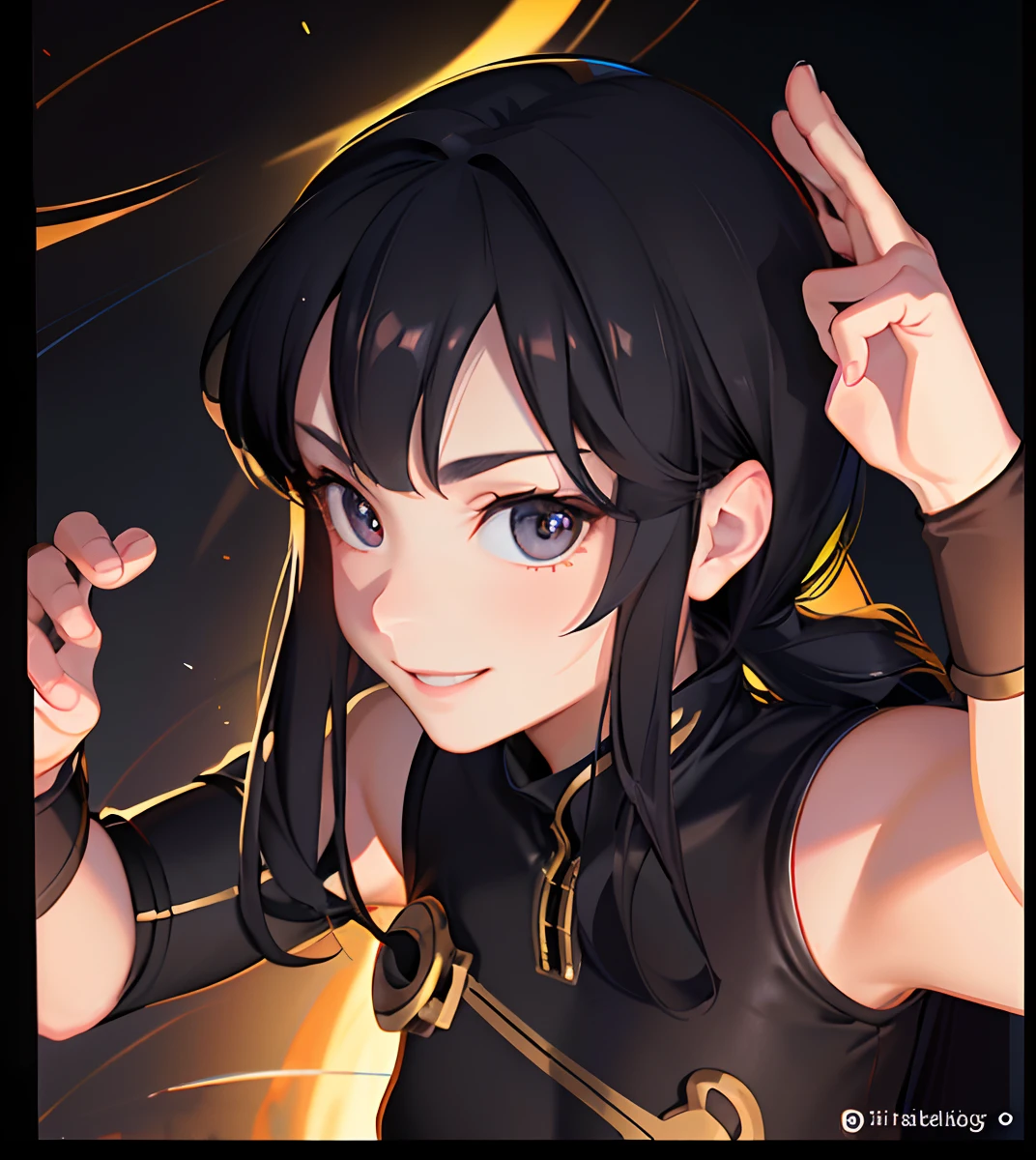 (Masterpiece, ultra-detailed, 8k resolution, realistic lighting, illustrations), confident smile, long black hair, big eyes, martial arts style, realistic. Tang suit, top view, big forehead, air bangs