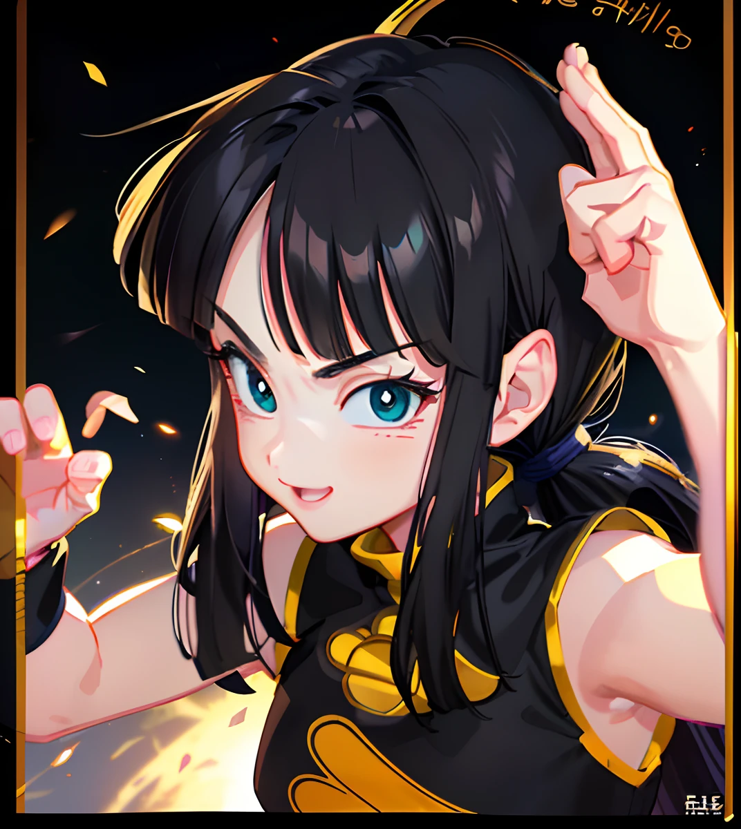 (Dragon Ball, White Background, Girl, Masterpiece, Super Detailed, 8K Resolution, Realistic Light and Shadow, Illustration) Confident smile, long black hair, big eyes, martial arts style, realistic. Black Tang suit with bowed head and big forehead air bangs, three-quarter profile, looking at audience