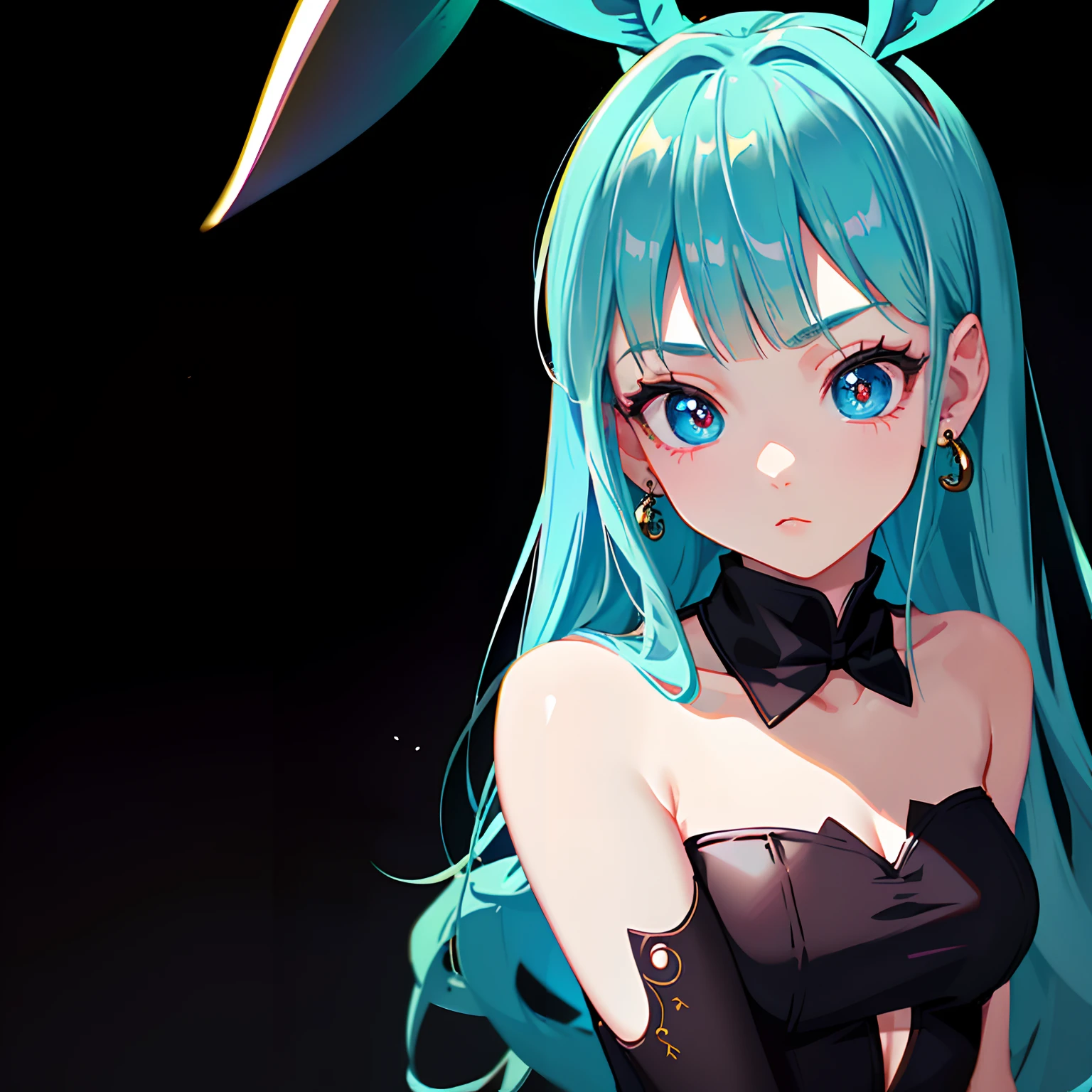 (Dragon Ball: 6) Eyes look to the left,, Bulma, low-cut top, bust, strapless, rabbit head, black rabbit skirt, (masterpiece, superb, super detailed, aurora), (background details, dark fantasy), (Beautiful Detailed Face, Bulma, Dragon Ball), High Contrast, (Best Very Delicious and Beautiful), ((Movie Lights)), Rich Colors, Super Detailed, Dramatic Lighting, Intricate Details, (1 Girl , bunny, solo, cyan hair, pointed face, big eyes, long eyelashes, long bangs, dynamic angle), angle light, depth of field, black light particles, towards