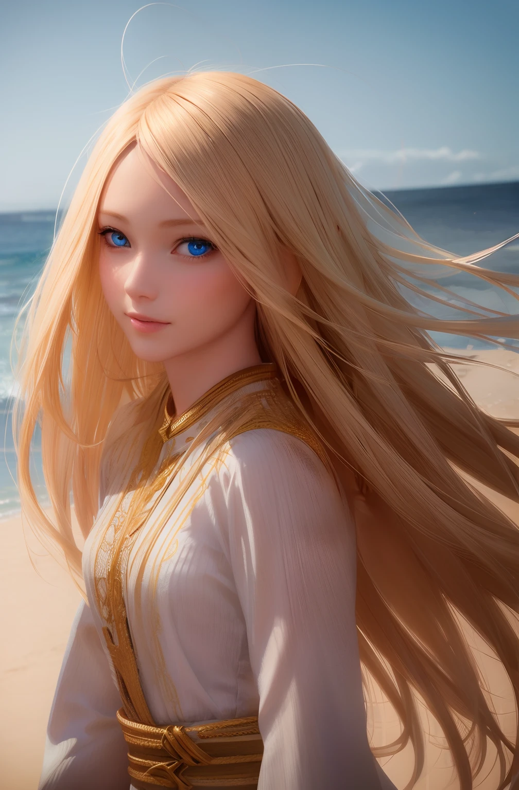 Pretty Female, Windblow blonde hair, glowing blue eyes, realistic, masterpiece, high detailed, 4K, beach background, high detailed light, little smile, white skin