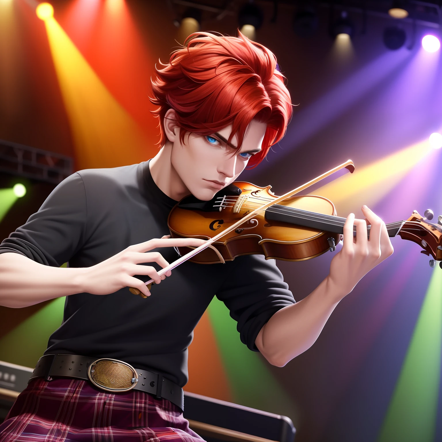 (dramatic illumination, dynamic angle, intense color contrast), [( boy with red hair and blue eyes: 1.2), (playing fiddle: 1.2), (wearing dark grey utility kilt and grey t-shirt: 1.1), (jumps off amp on stage: 1.1), (pub/old-fashioned bar/country bar: 1.1)], (bright spotlight, lively music)