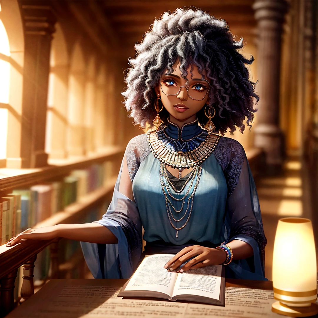 dim light, 25-year old black woman, glowing blue eyes, afro, grey skin, wearing colorful blouse and pagne and intricate beaded jewelry, indoors in ancient library reading scroll, 8k, Unreal engine, highly detailed, octane render, photorealistic, sunglasses in shirt pocket, dim light