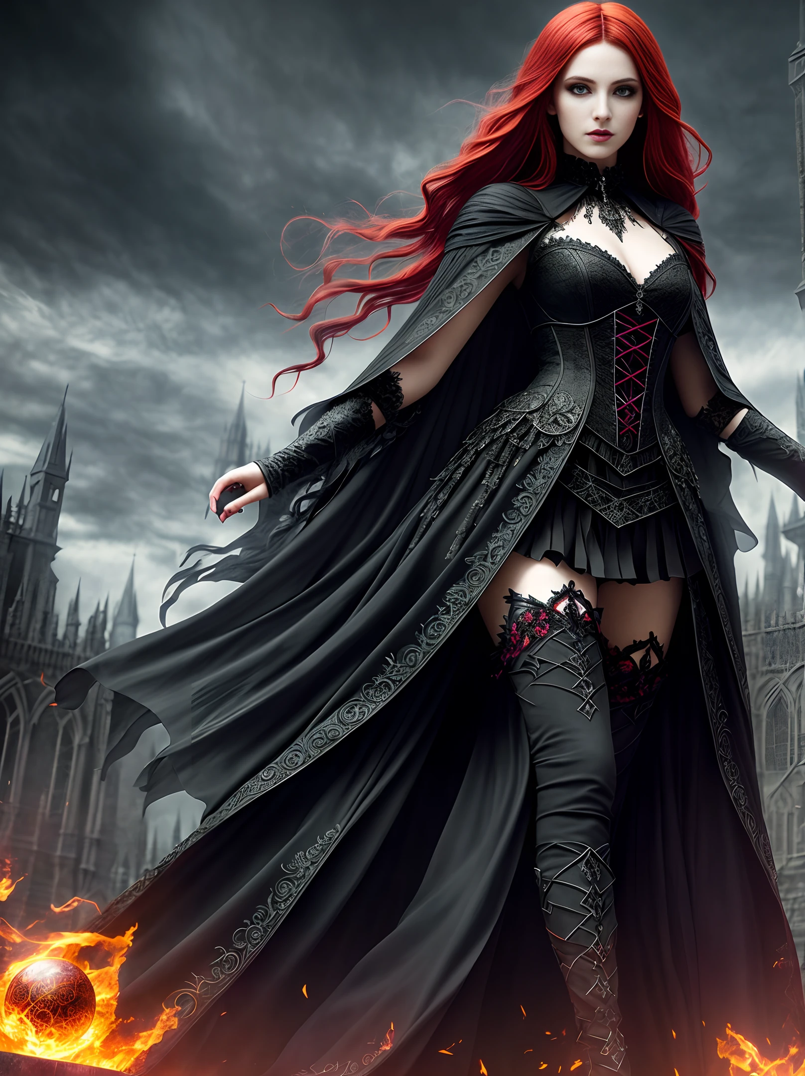 Beautiful witch, full body shot, movement, walking forward, slow-motion, witch, beautiful, masterpiece, hdr, powerful, piercing eyes, detailed eyes, intricate details, hyperdetailed, high contrast, highres, perfect lighting, white hair, red hair, unreal engine, fiery red magical energy balls in each hands, perfect hourglass figure, volumetric lighting, Photorealistic, hyperrealistic, gothic clothing, dark fantasy, intricate background darkness and magic